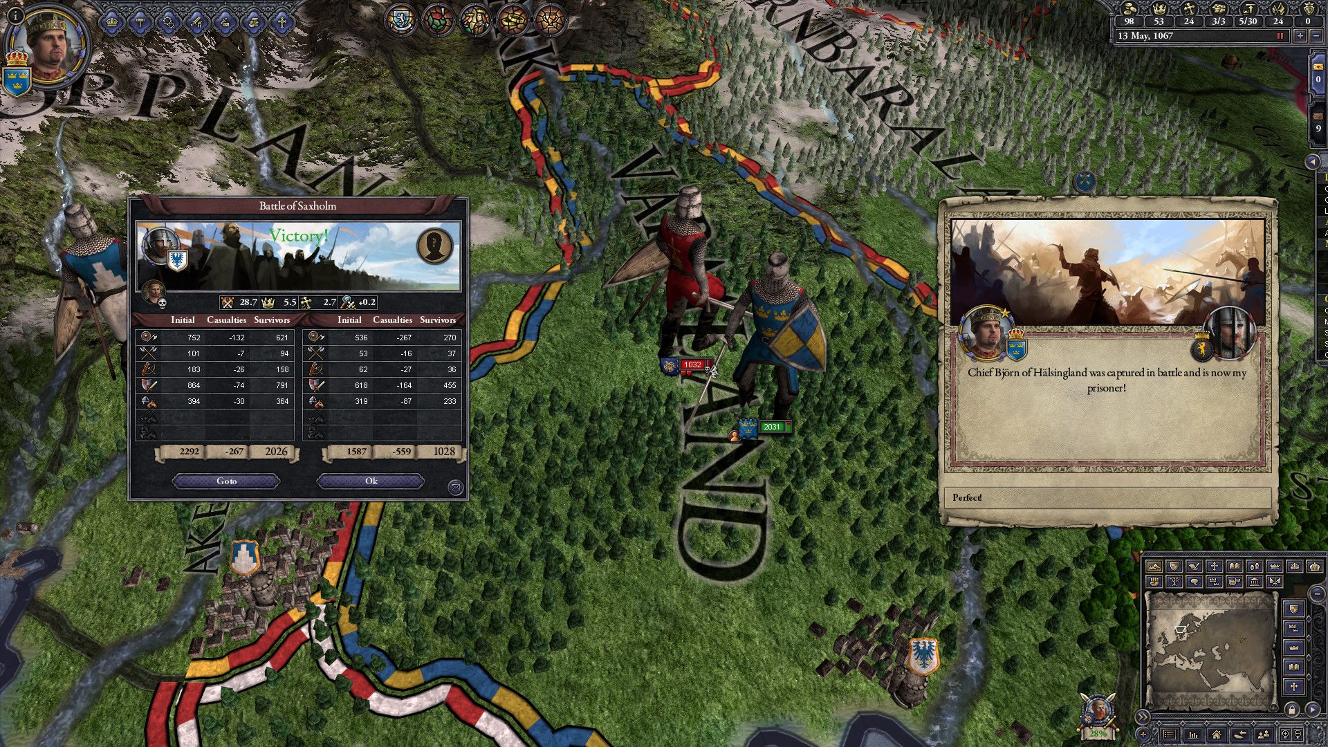 A battle result reports casualties and a captured chief on a medieval map.