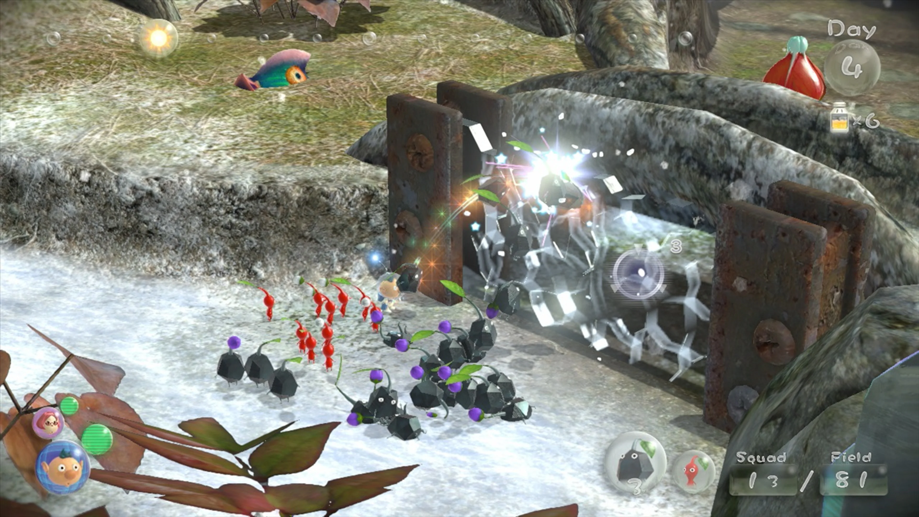 Official Pikmin 3 Wii U gameplay screenshot: Rock Pikmin smash a transparent gate between two rusty posts, with the selected Rock type icon at lower right.