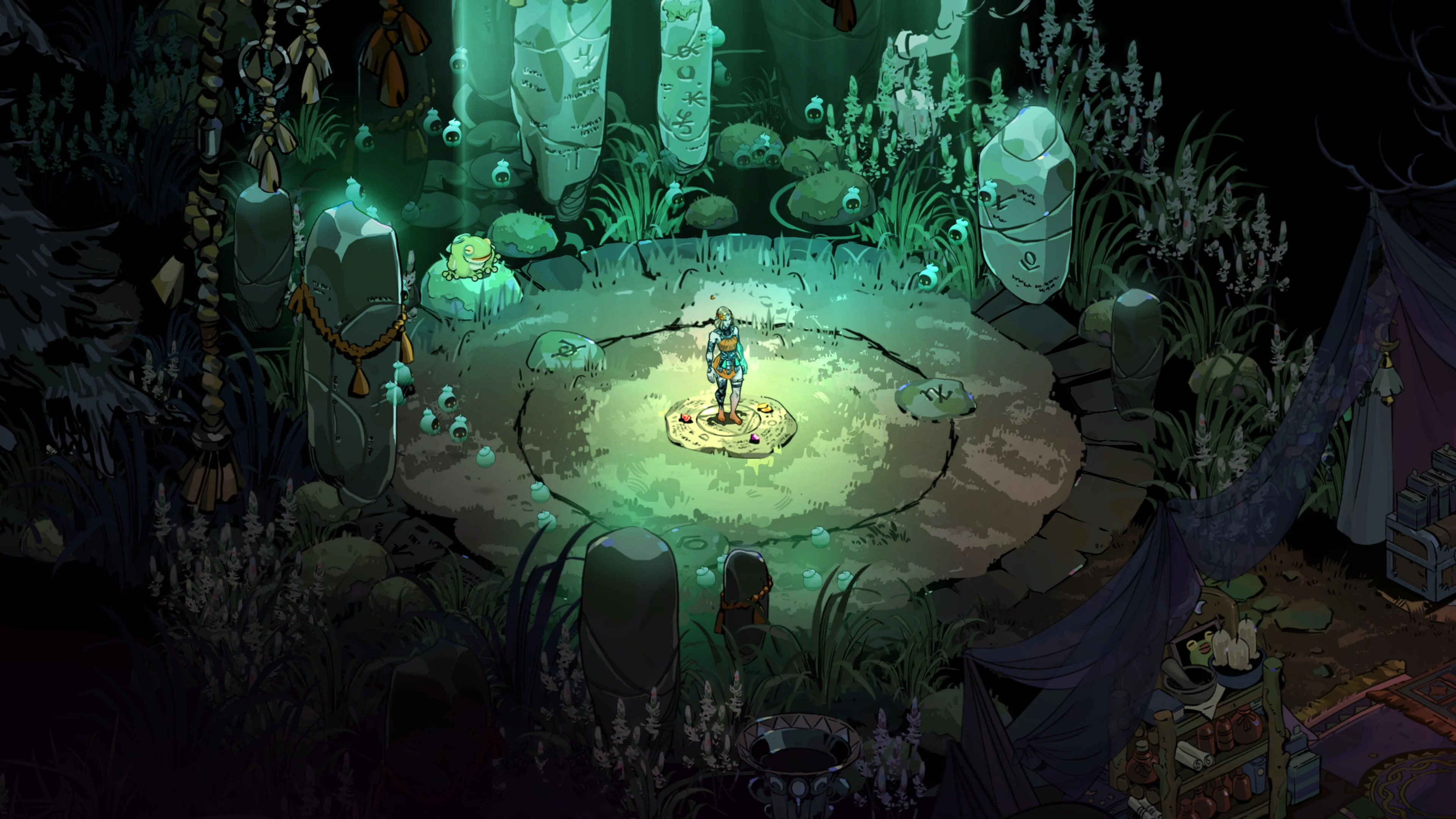 Melinoe stands in a glowing ritual circle at the Crossroads in an official Hades II screenshot.