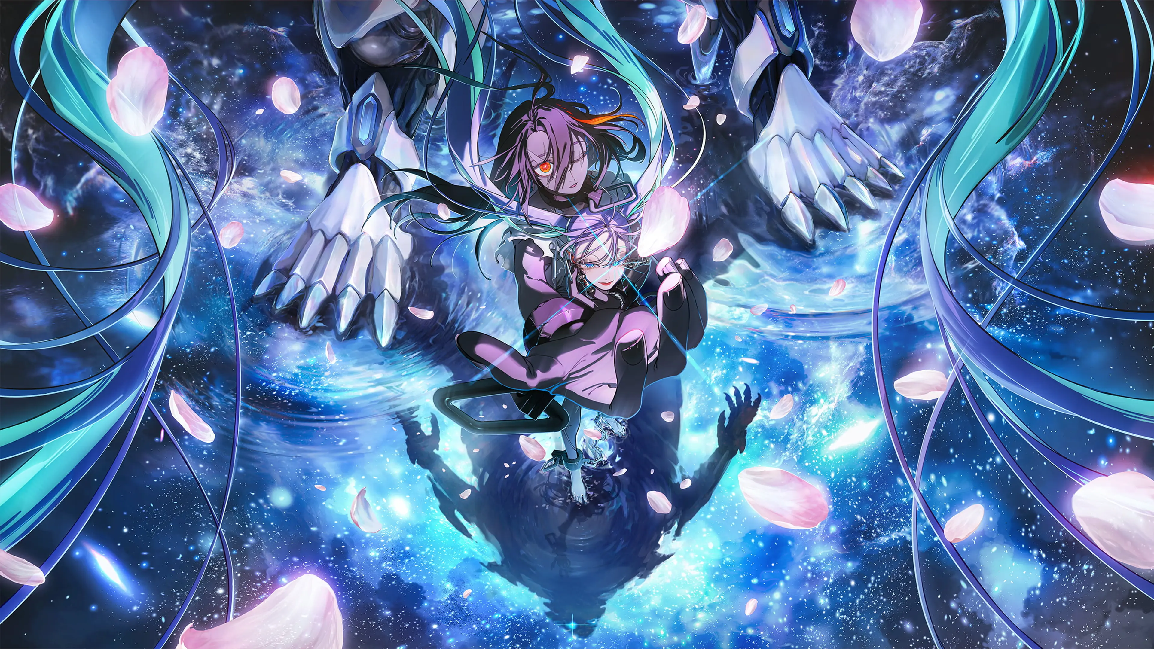 Two characters reach forward beneath a white mechanical figure against a blue star-filled sky in official Code Geass: Star Chaser Aspal art.