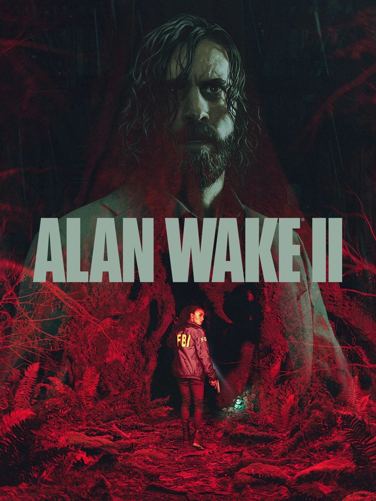 Official Alan Wake II cover with Alan, Saga, a dark forest, and the game logo.
