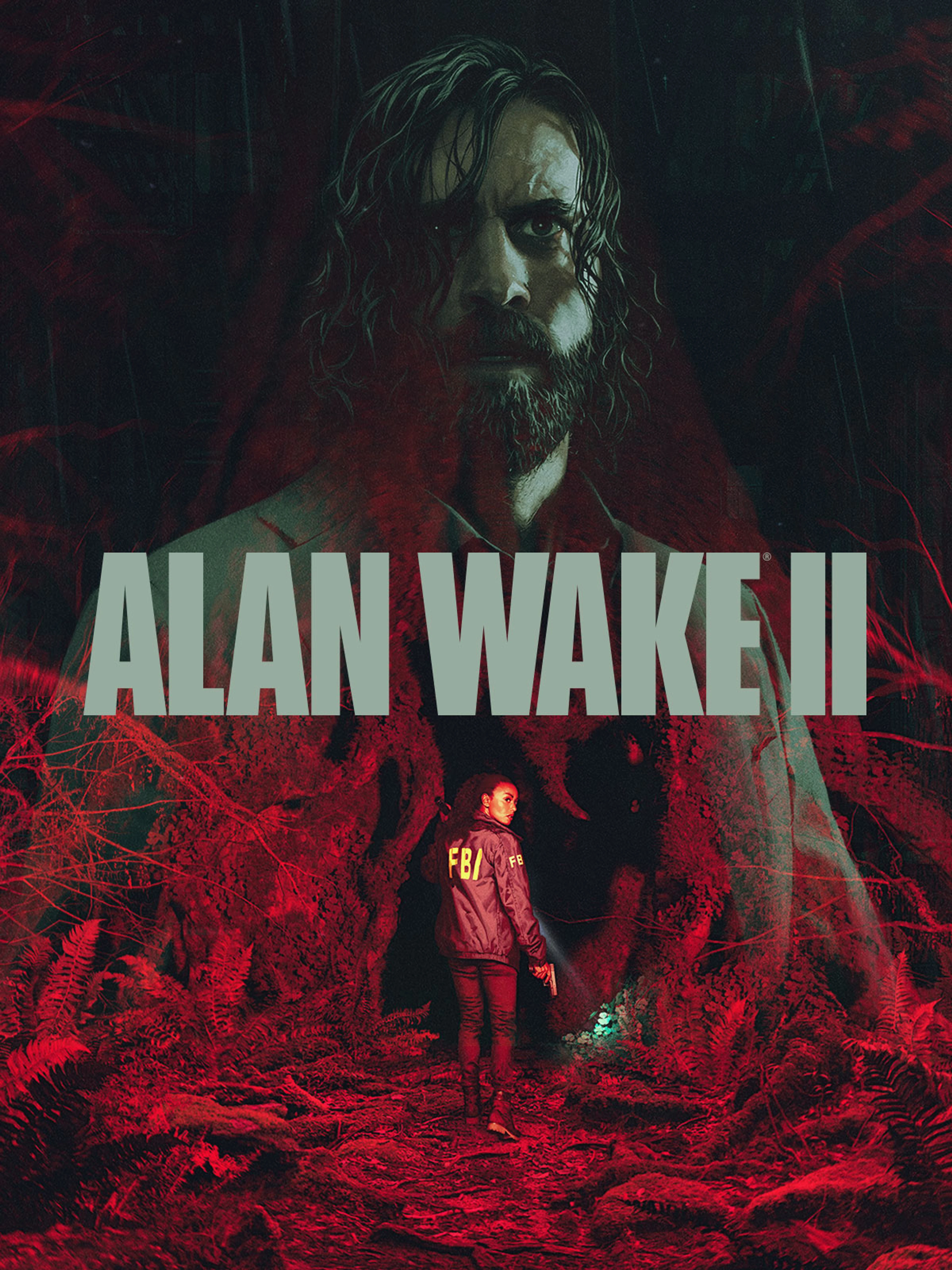 Official Alan Wake II cover with Alan, Saga, a dark forest, and the game logo.