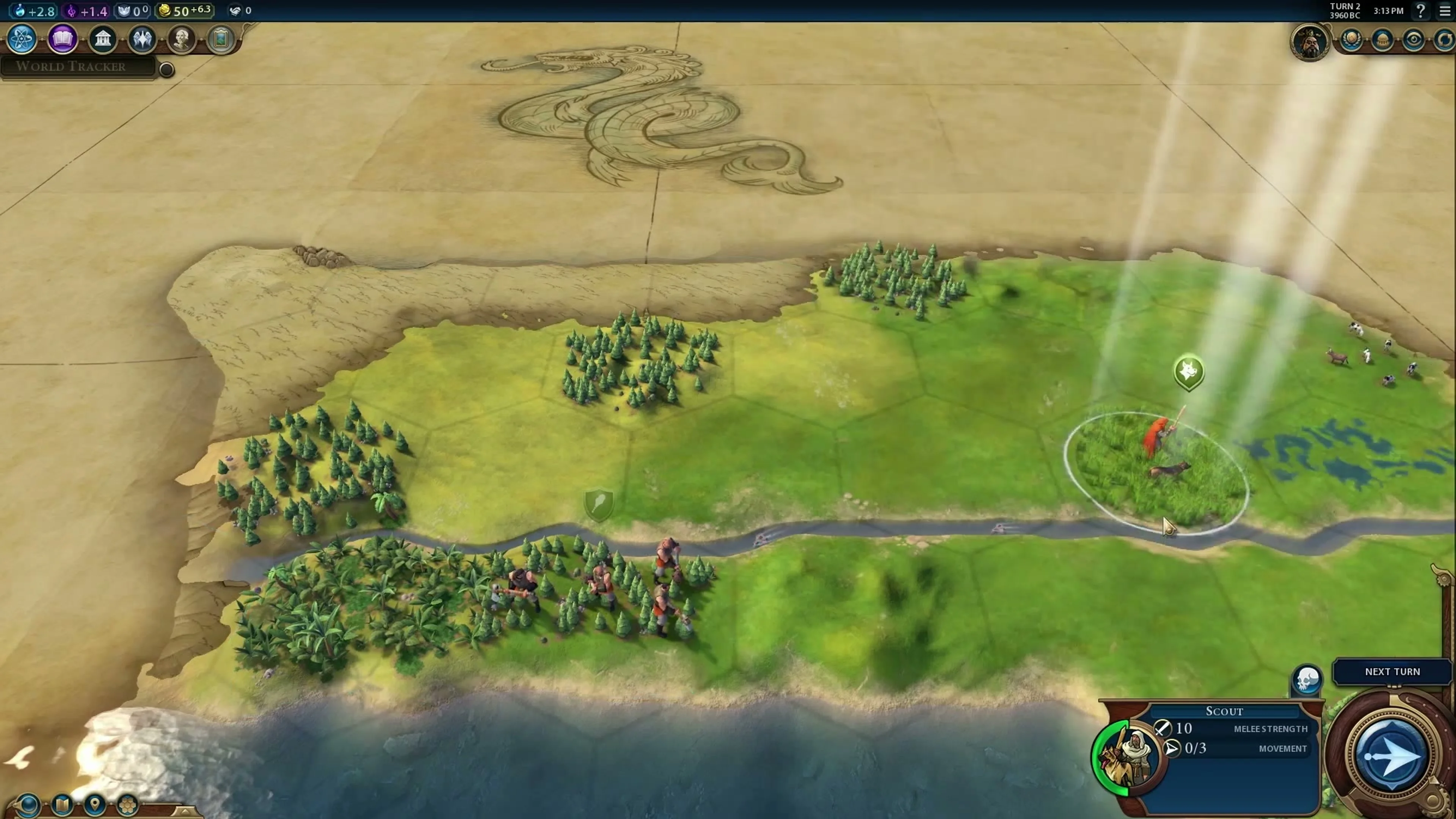 Civilization VI map with a Scout selected and the large Next Turn arrow at bottom right.