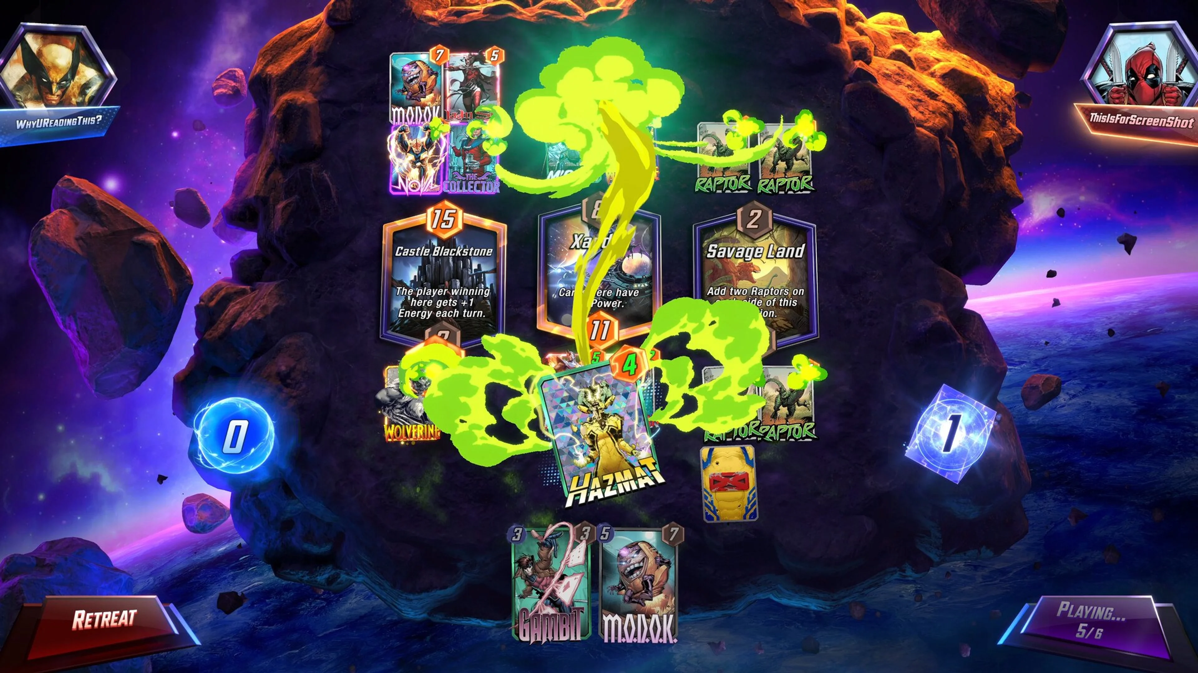 Marvel Snap board with three named locations across the middle, hand at the bottom, Energy near the lower left, and Retreat at lower left.