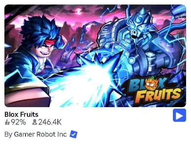 Blox Fruits appears in Roblox search with By Gamer Robot Inc and a blue verified badge beneath its game picture.