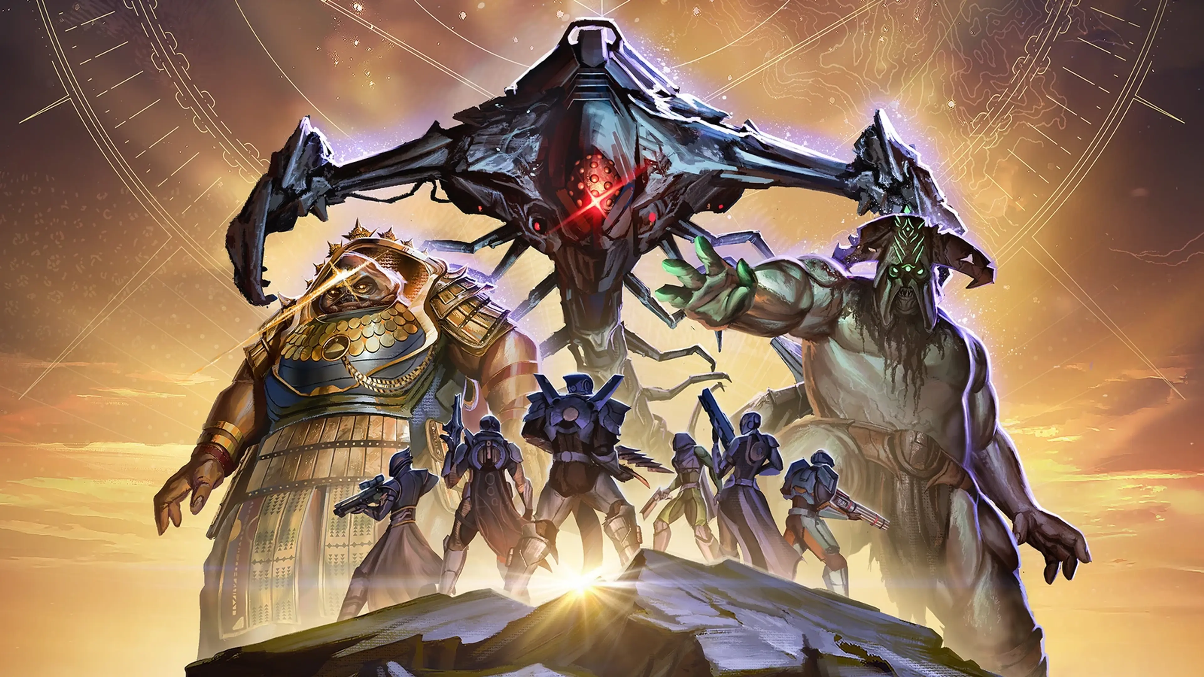 Destiny 2 Pantheon artwork shows several raid bosses around Guardians.