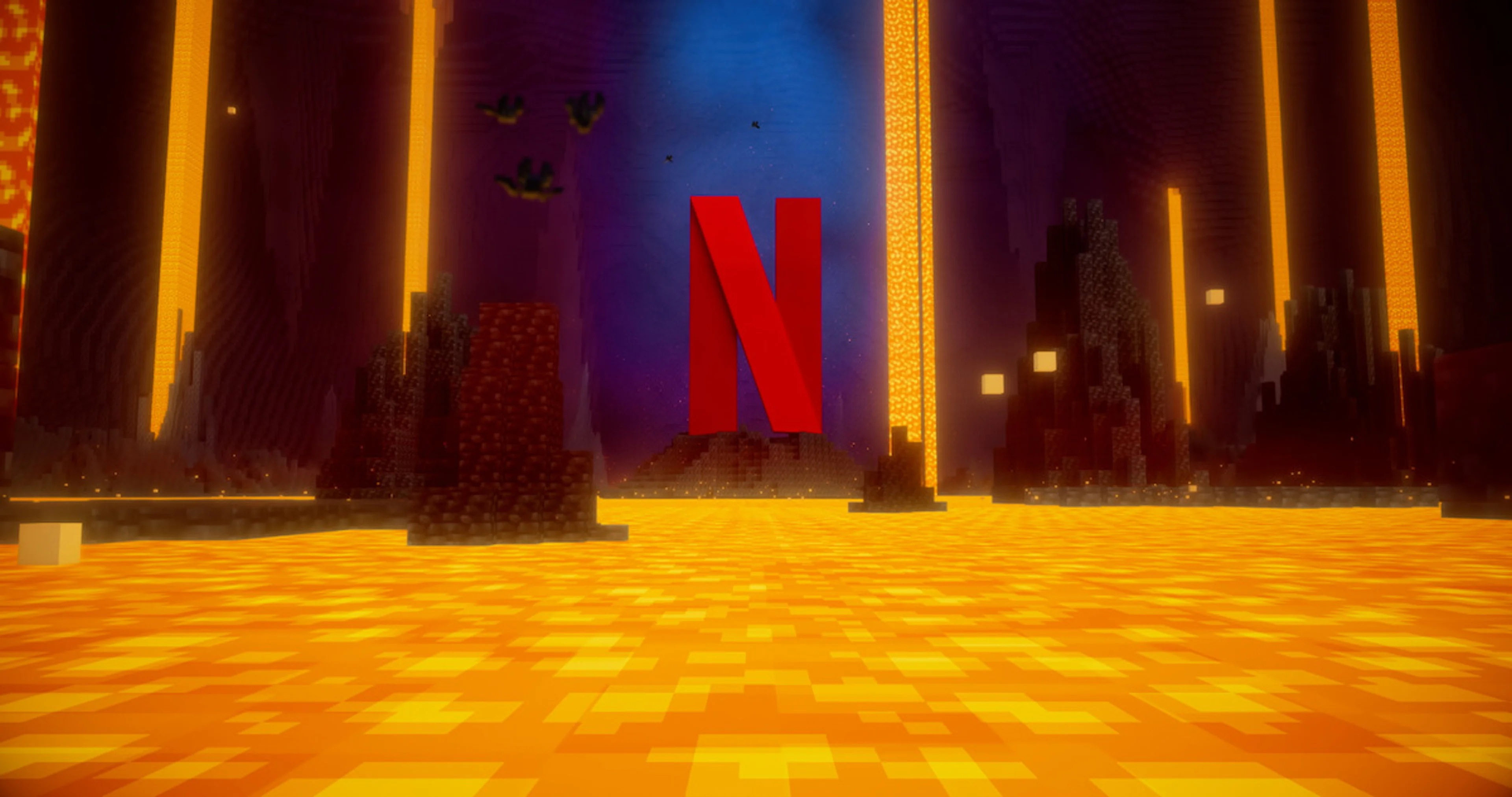 A red Netflix N rises above lava inside a blocky Minecraft Nether cavern.