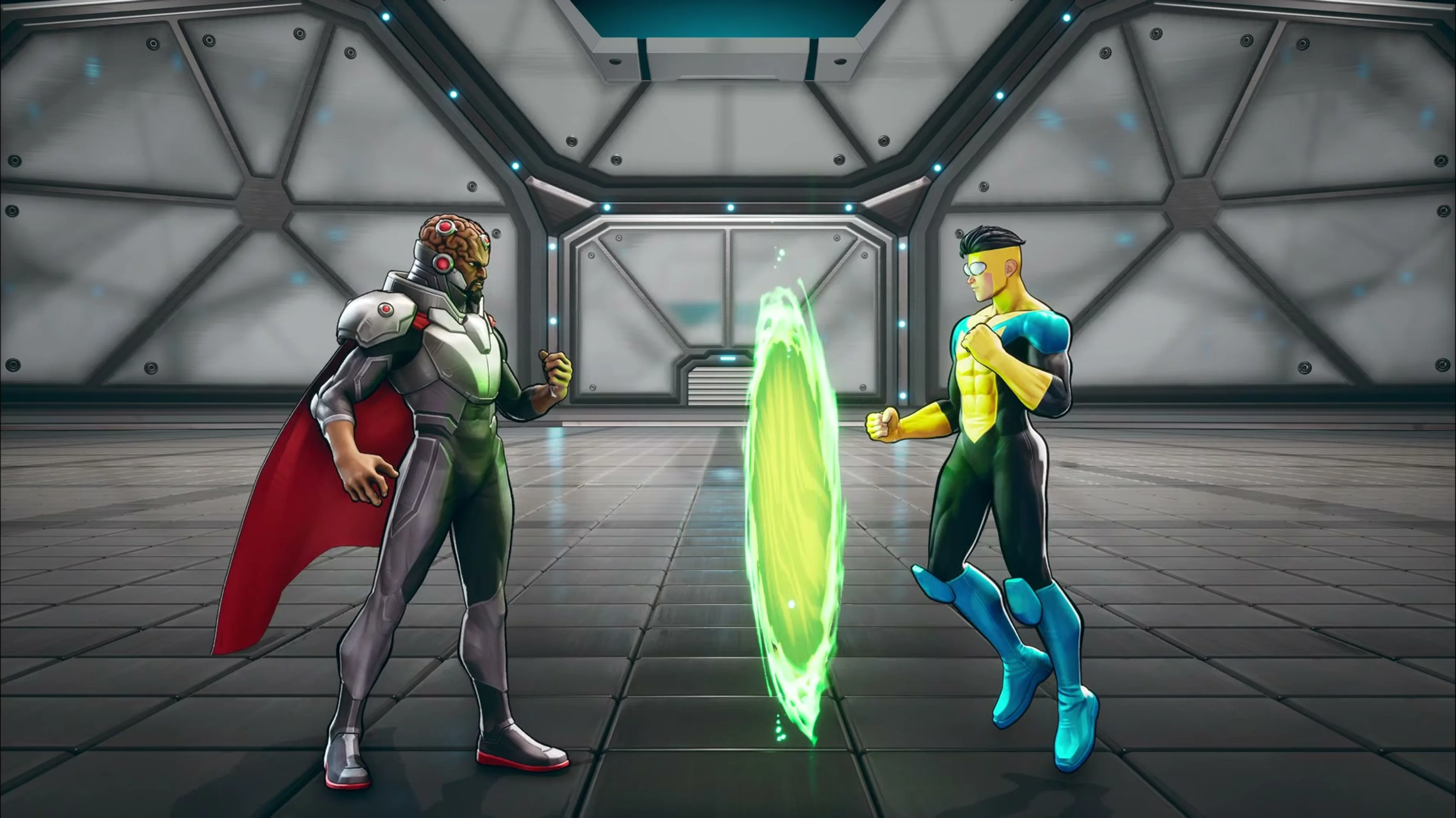 Angstrom Levy and Invincible stand on opposite sides of an upright green portal.