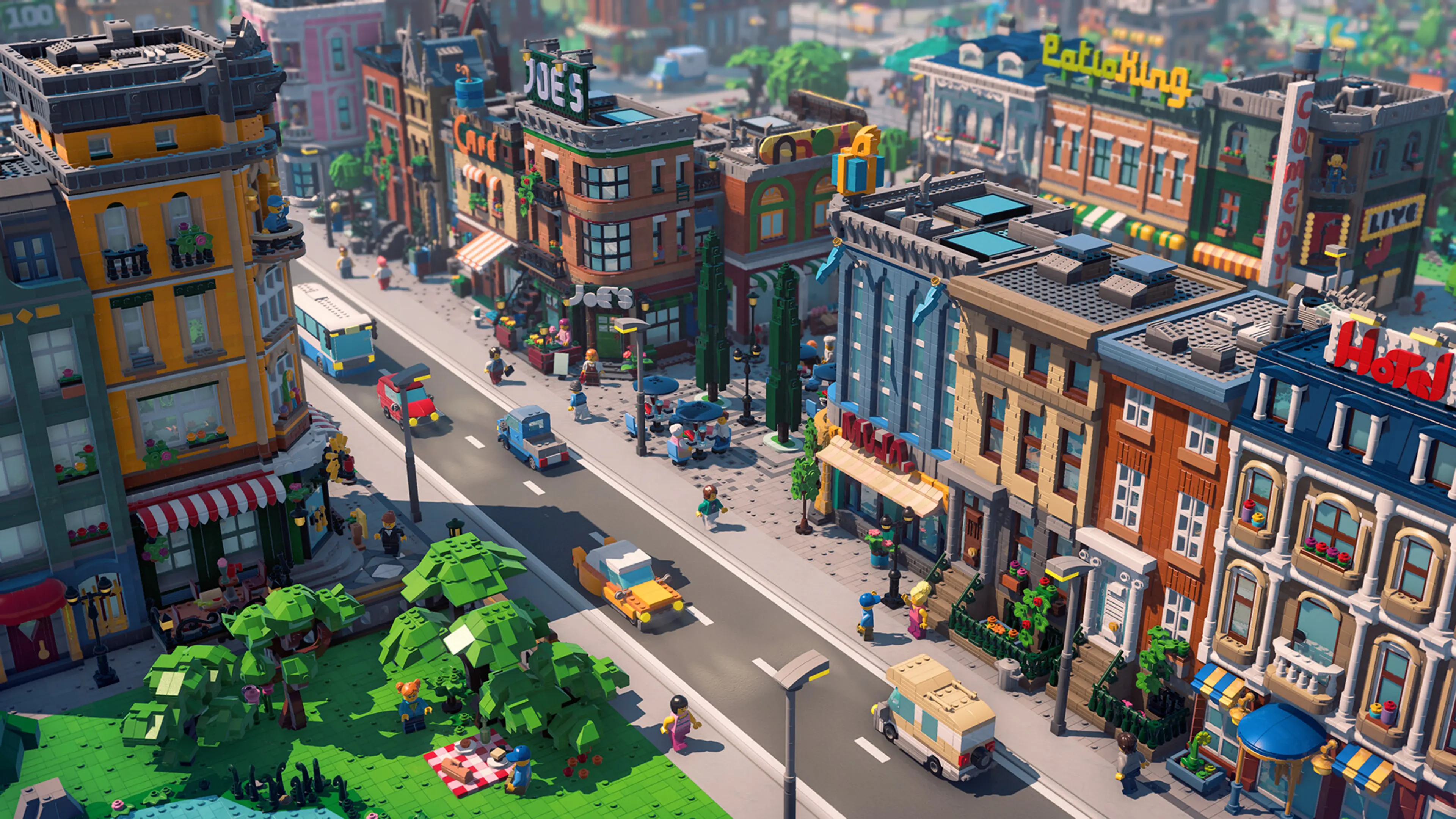 LEGO Skylines minifigures and vehicles moving through a downtown street