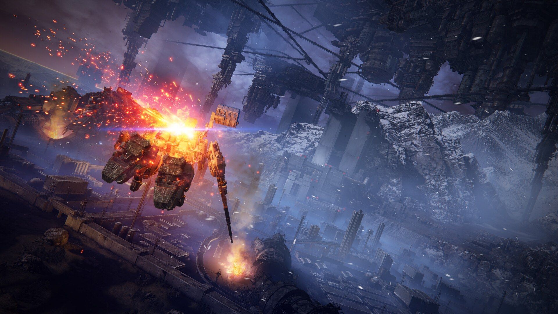 A mech uses boosters across a vast industrial area.