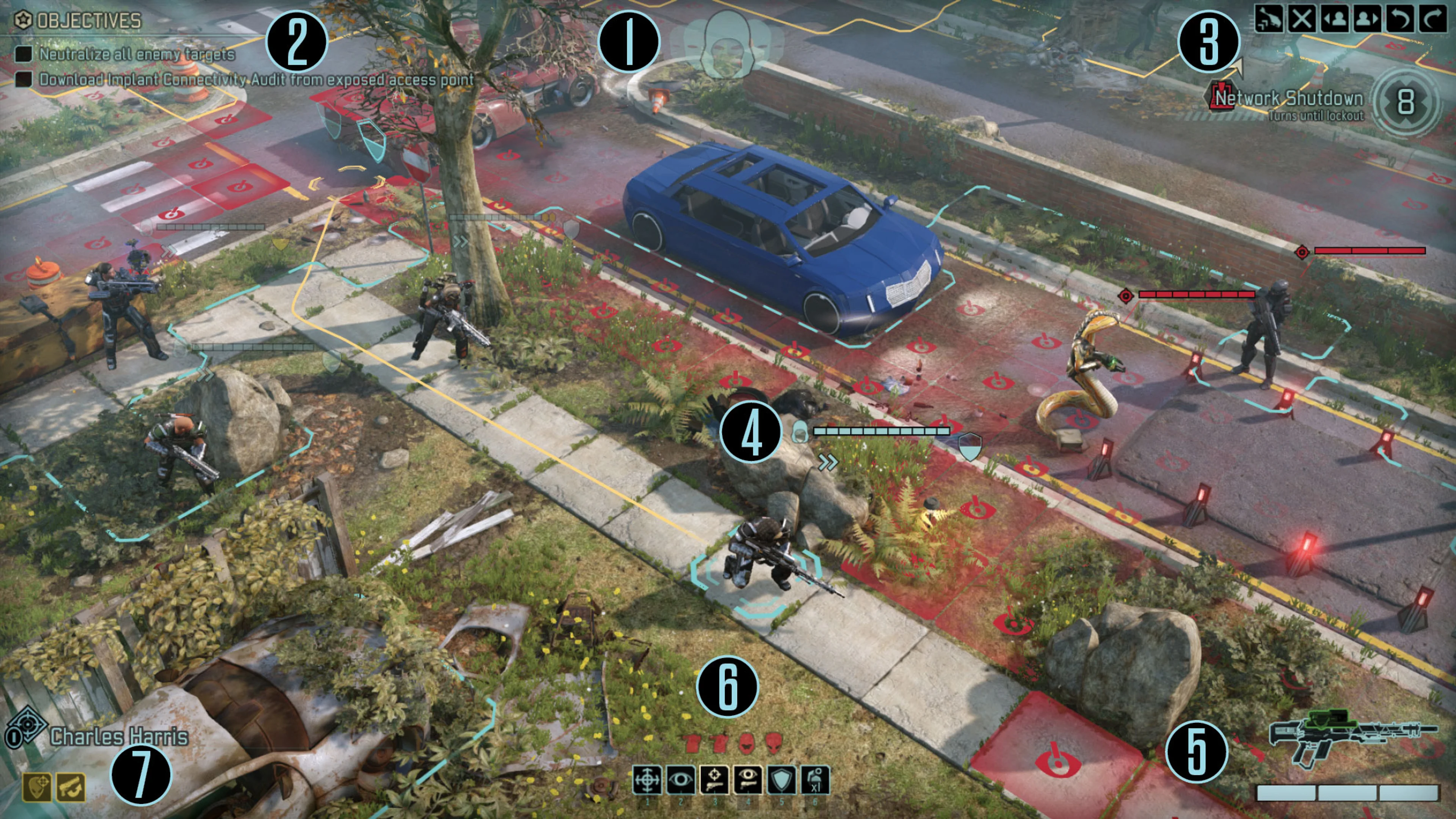 Official XCOM 2 manual screenshot with numbered markers for concealment, objectives, turn controls, unit flag, weapon, actions and soldier name.