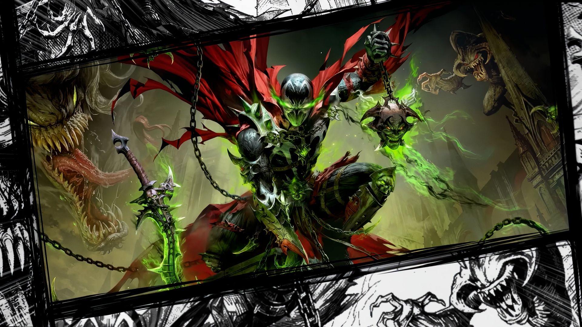 Spawn wears a black, red and green suit in official Diablo Immortal crossover art.