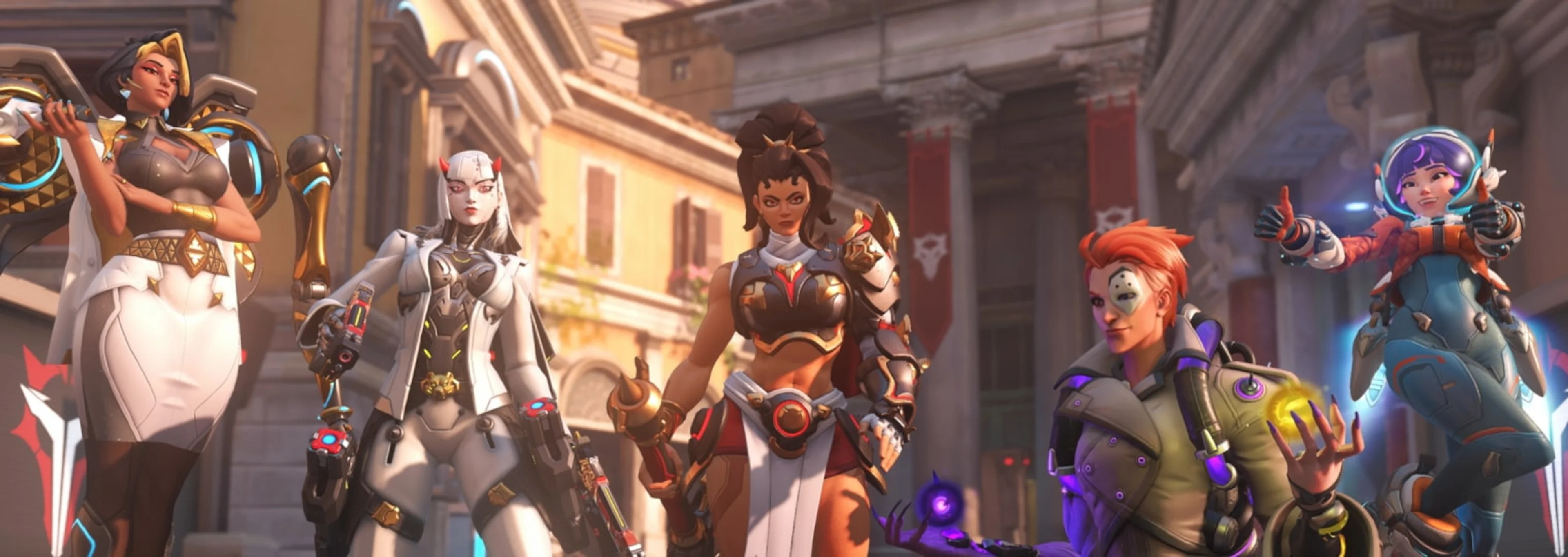 Five Overwatch heroes pose together in a sunlit city.