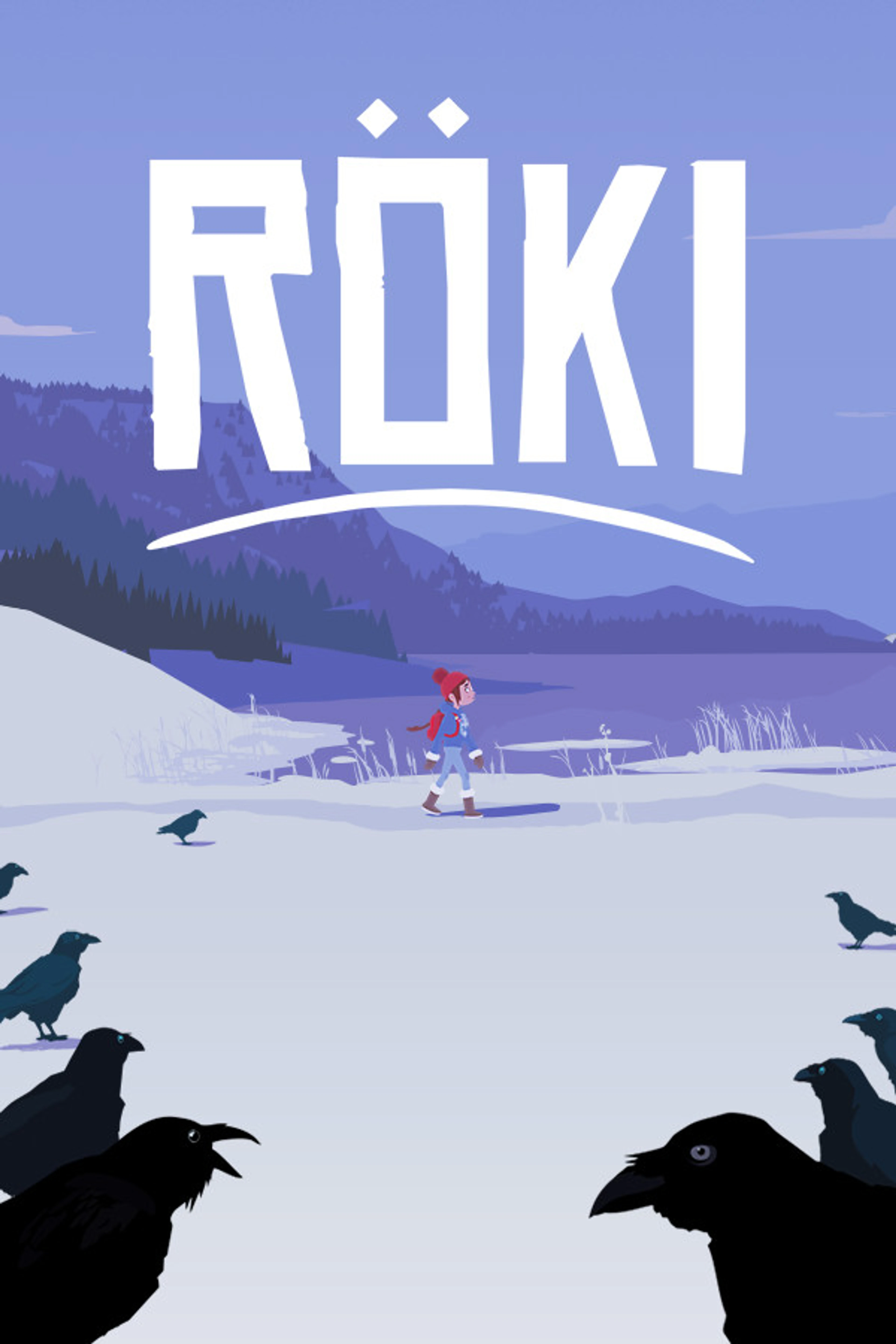Official Röki cover showing Tove and her brother walking through snow among black birds.