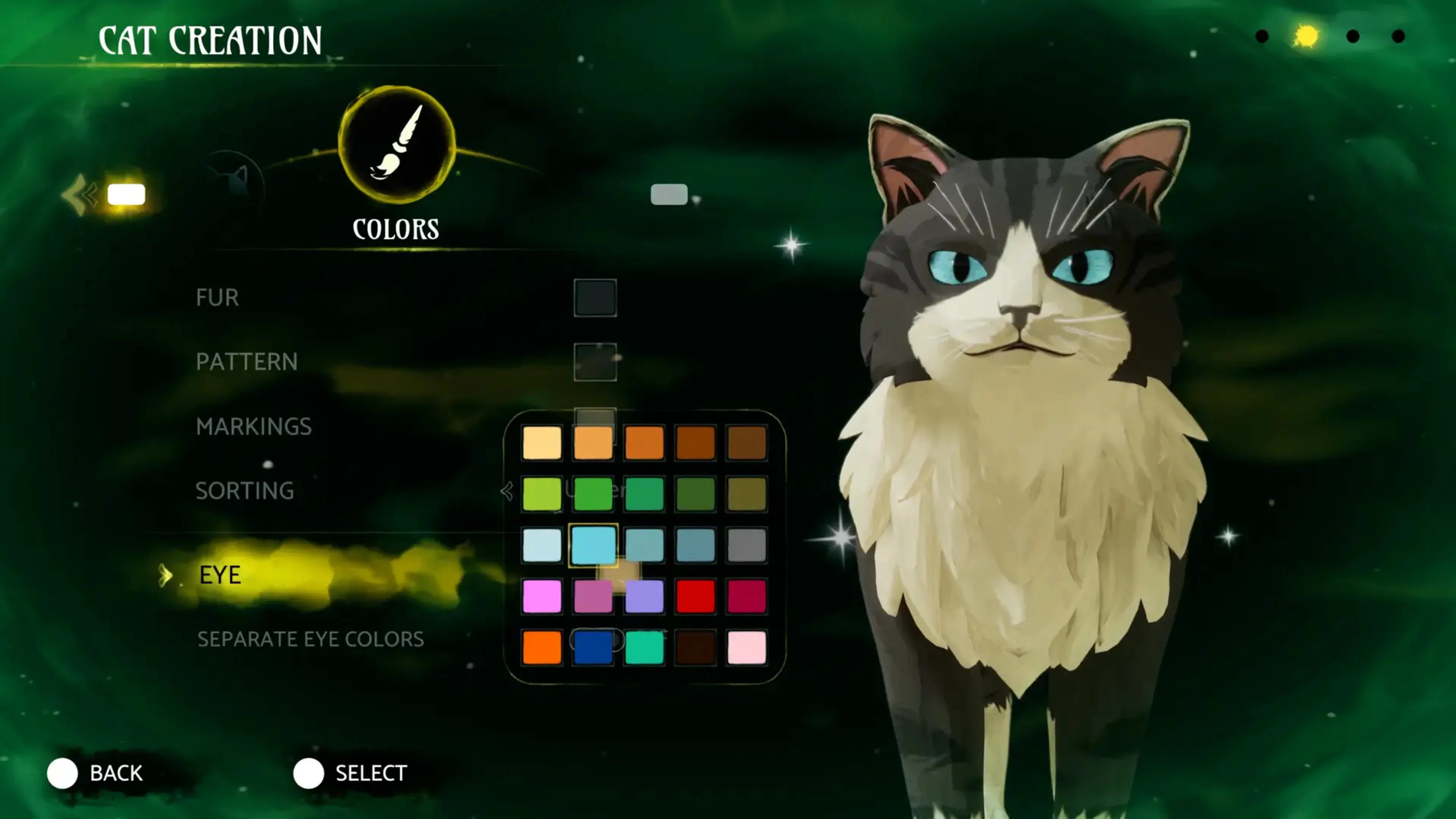 The Clans of the Forest cat creator displays eye-color choices beside a gray-and-white warrior cat.