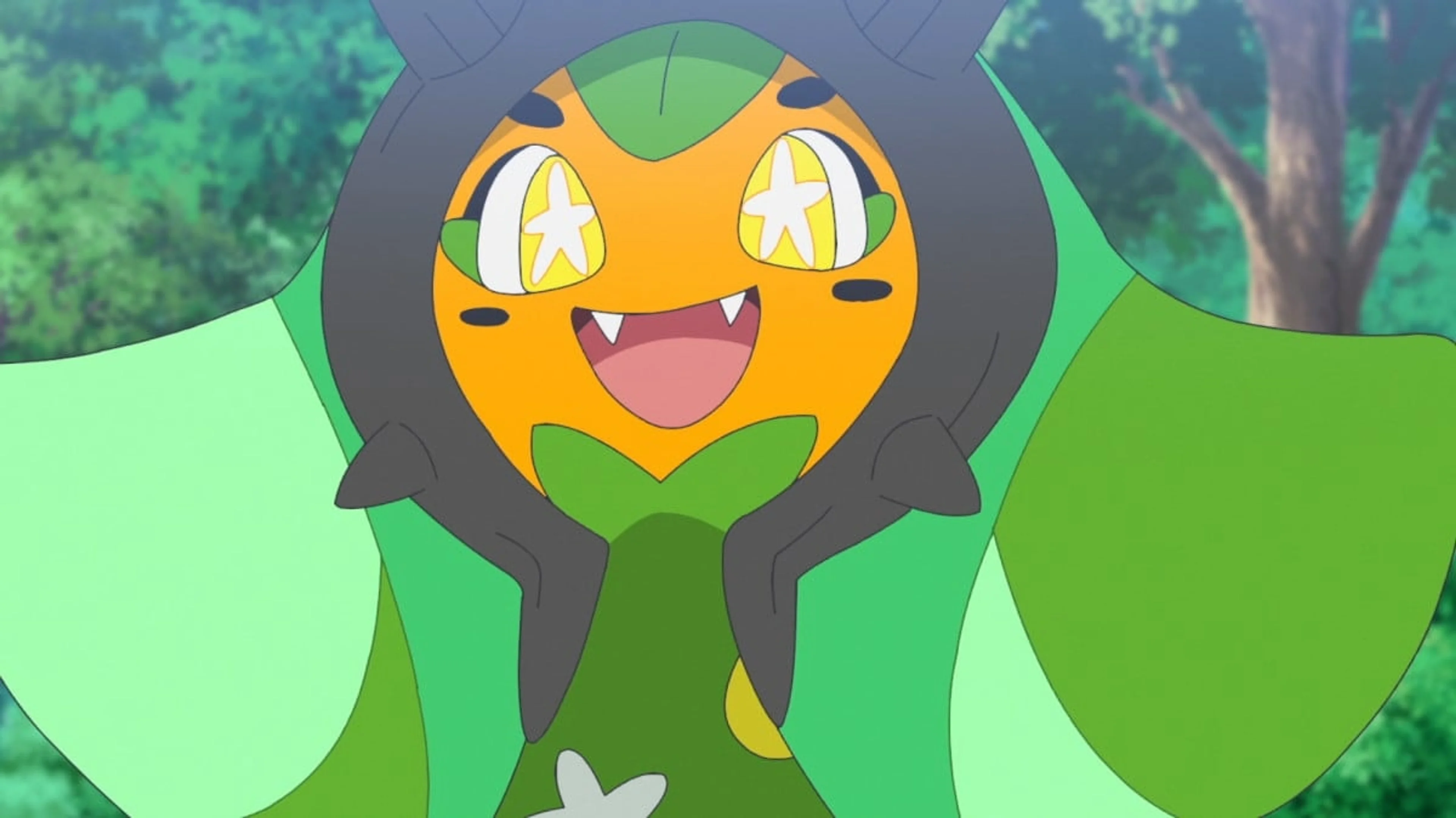 Ogerpon smiles in a close-up from the upcoming Pokémon anime episode.