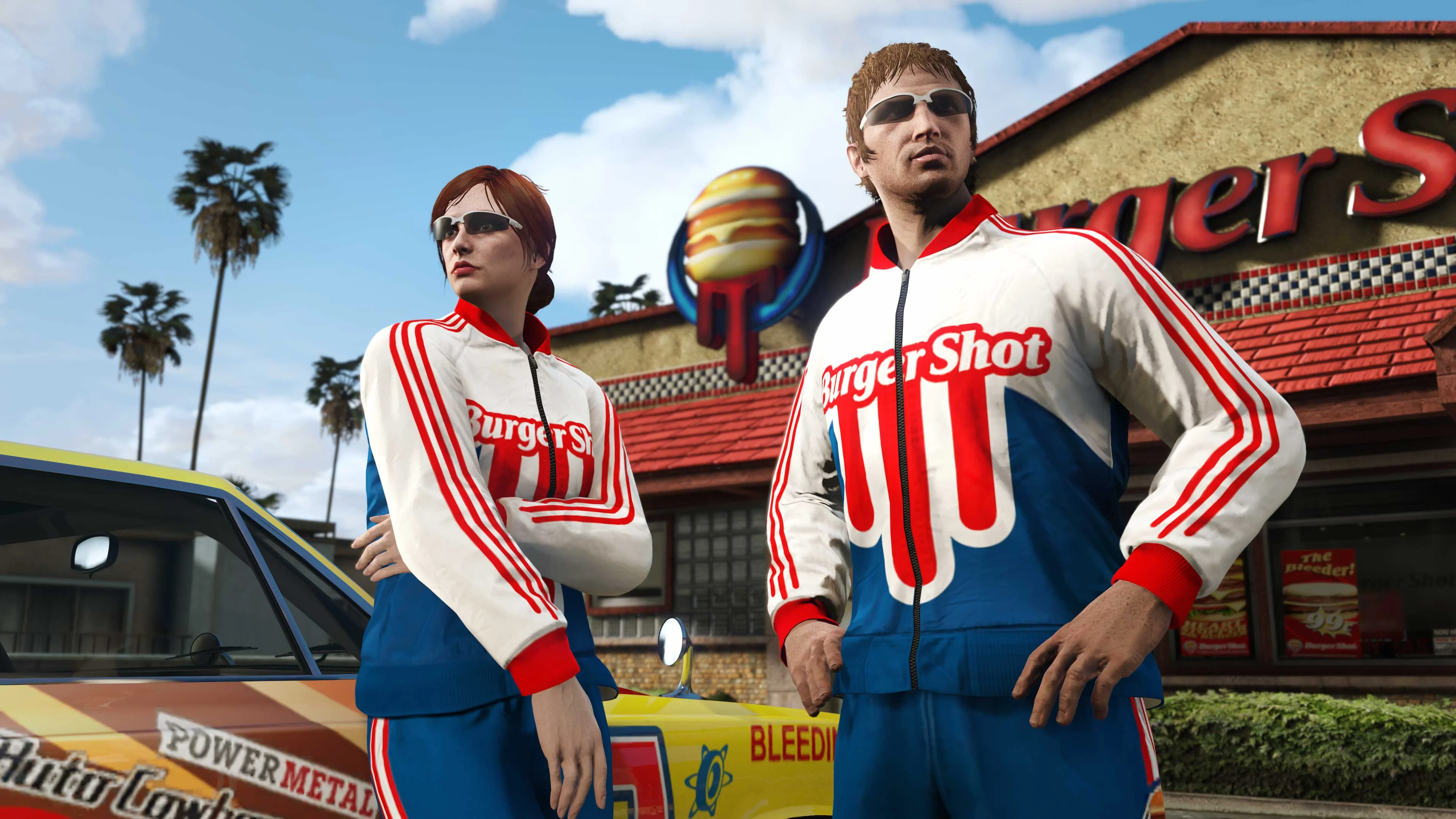 Two GTA Online characters wear white, red, and blue Burger Shot tracksuits outside a Burger Shot restaurant.