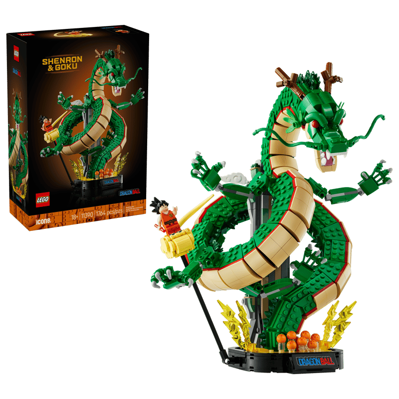 The complete LEGO Dragon Ball Shenron and Goku display set appears beside its product box.