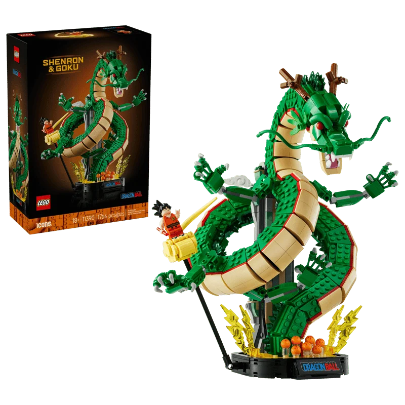 The complete LEGO Dragon Ball Shenron and Goku display set appears beside its product box.