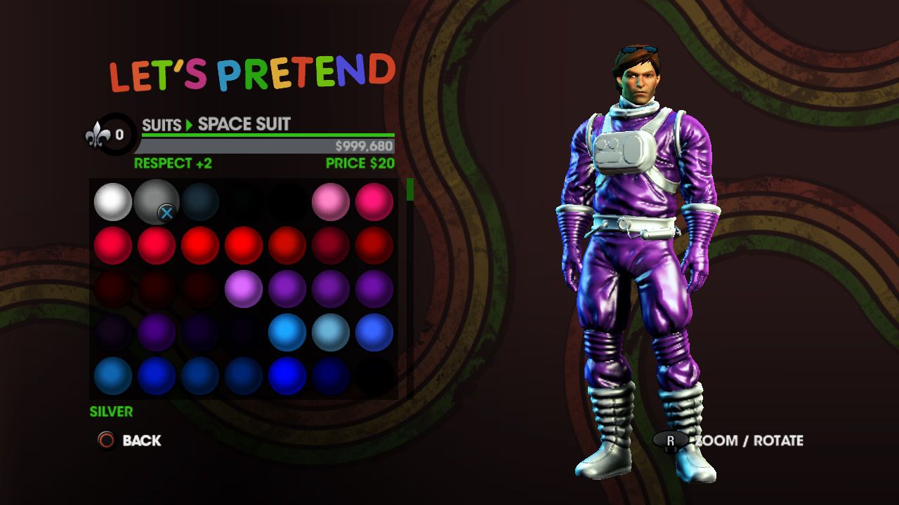 The Saints Row clothing editor shows a purple space suit beside a grid of color choices.