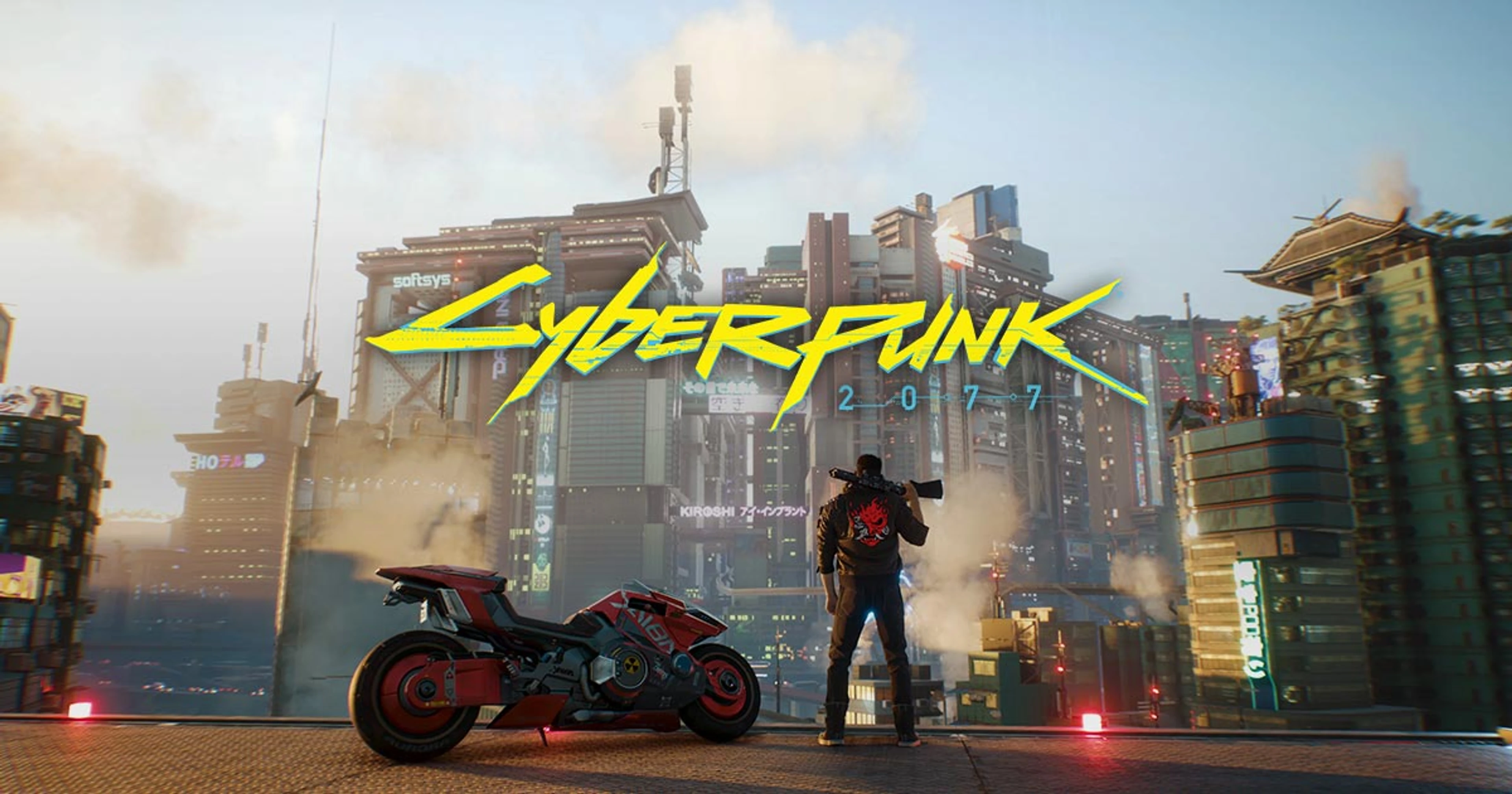 V stands against neon Night City artwork from the official Cyberpunk website.