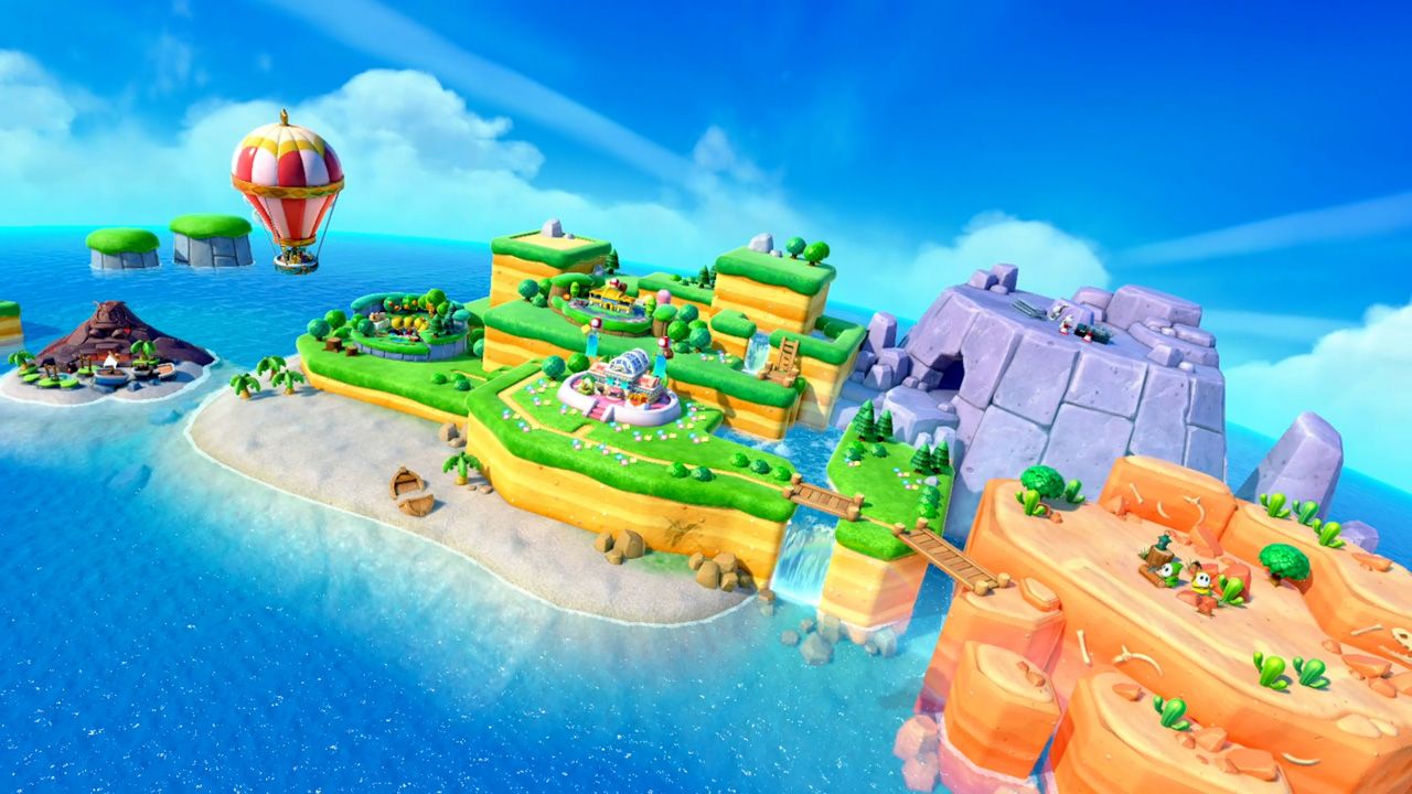 A colorful Super Mario Party Jamboree game board surrounded by water.