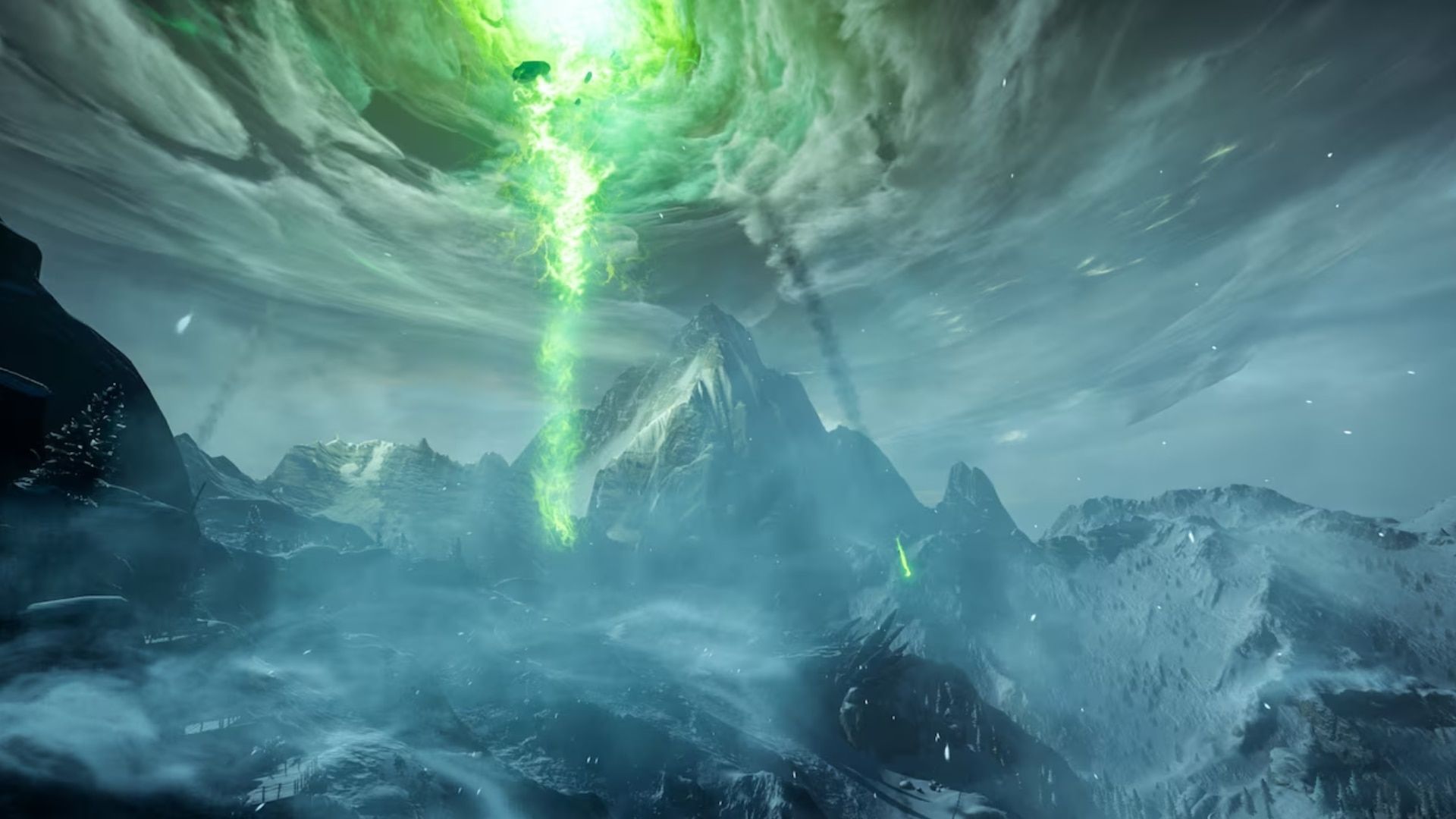 A green beam breaks through a vast cloudy sky above mountains in Thedas.
