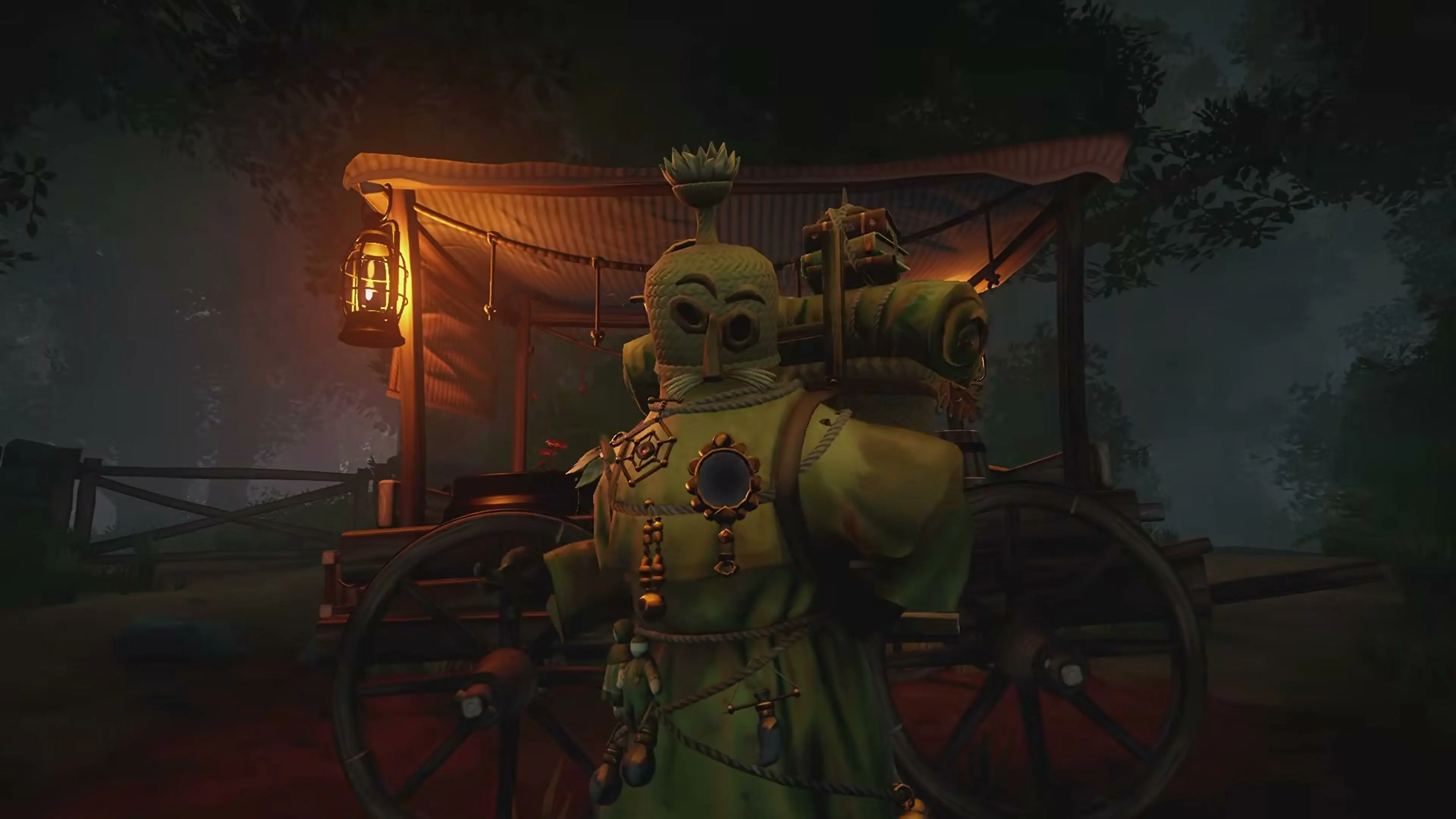 A masked folk performer stands in front of a lantern-lit wooden cart.