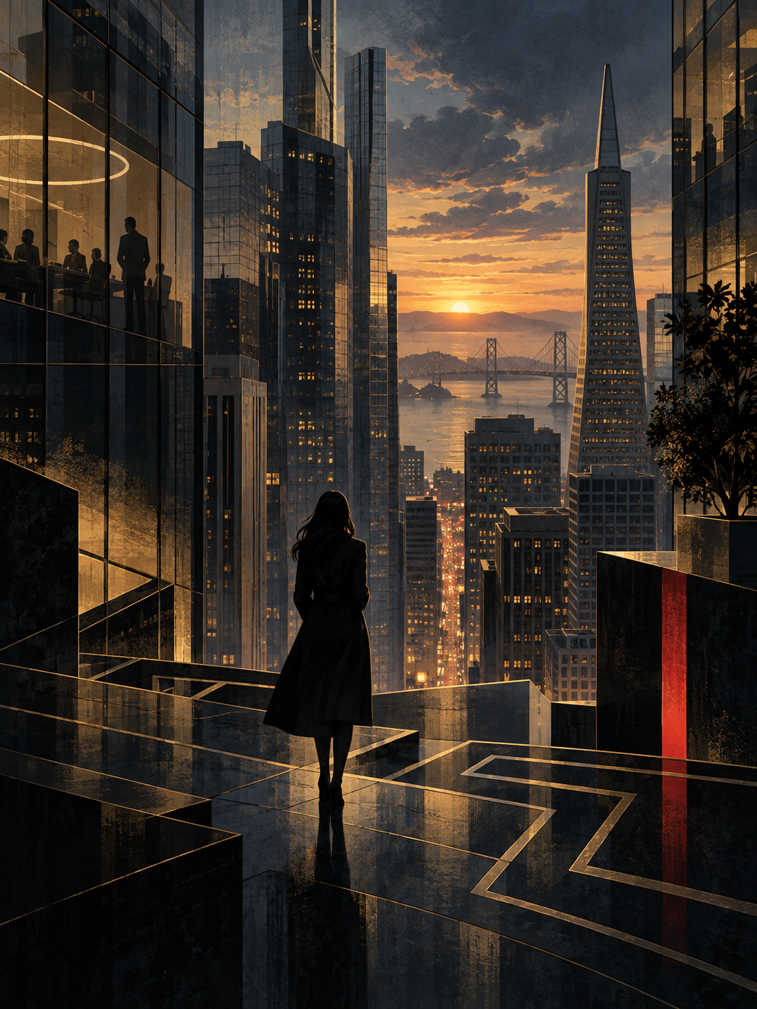 Pixel Twelve editorial illustration of San Francisco’s financial district at dusk for Victoria; not official series artwork.