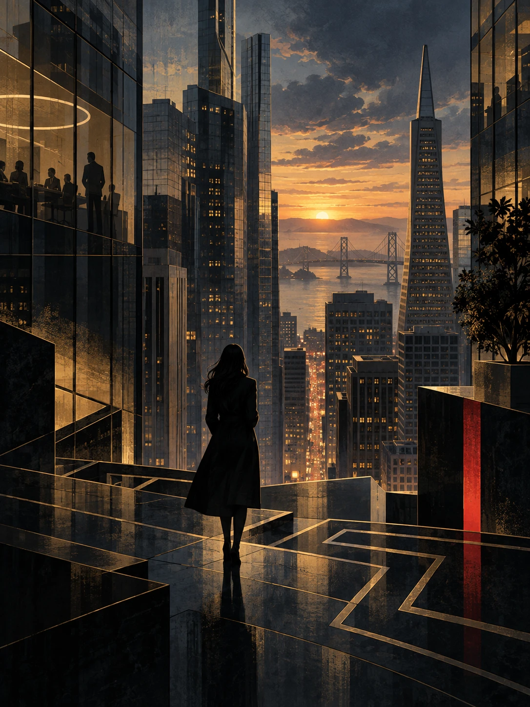 Pixel Twelve editorial illustration of San Francisco’s financial district at dusk for Victoria; not official series artwork.