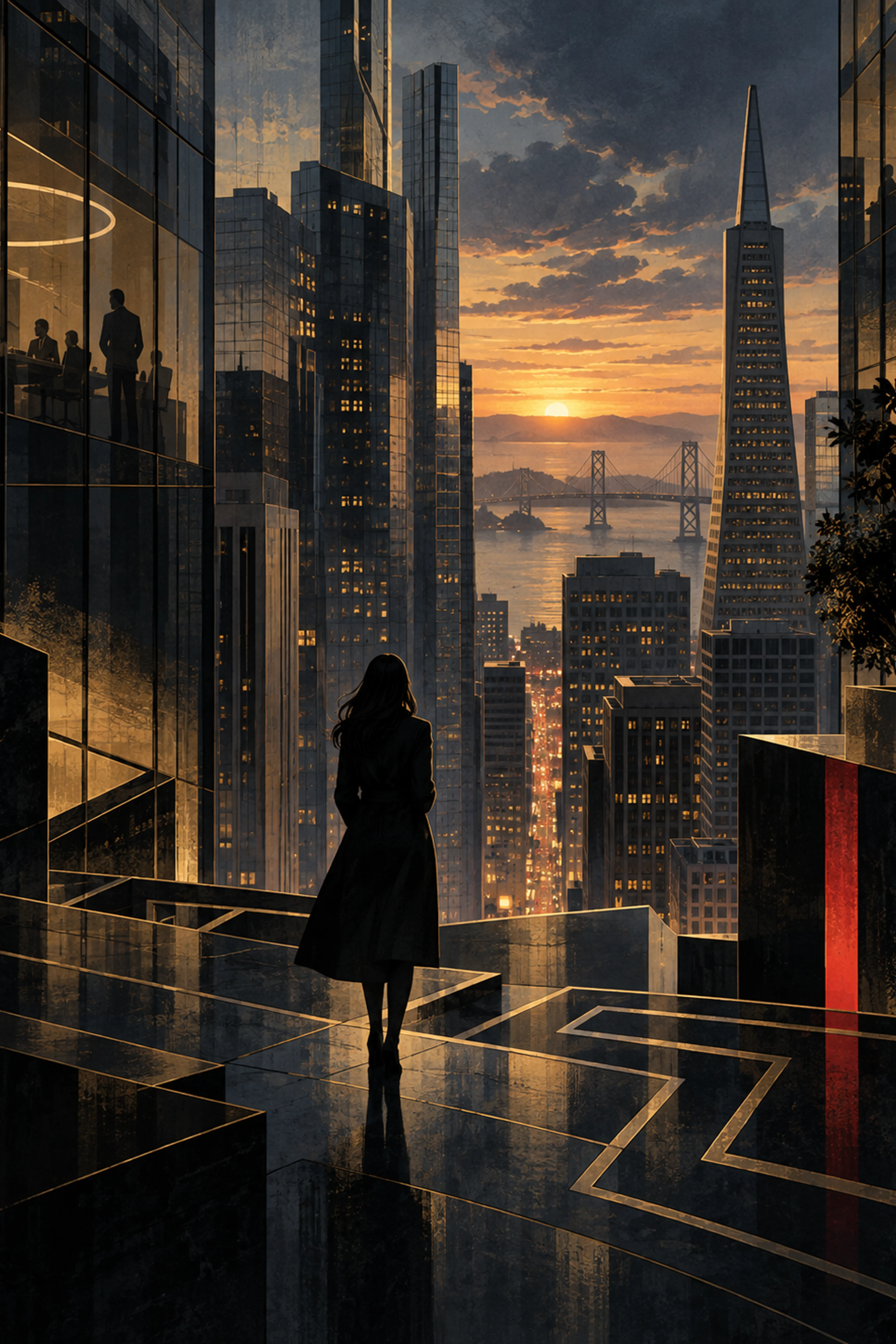 Pixel Twelve editorial illustration of San Francisco’s financial district at dusk for Victoria; not official series artwork.