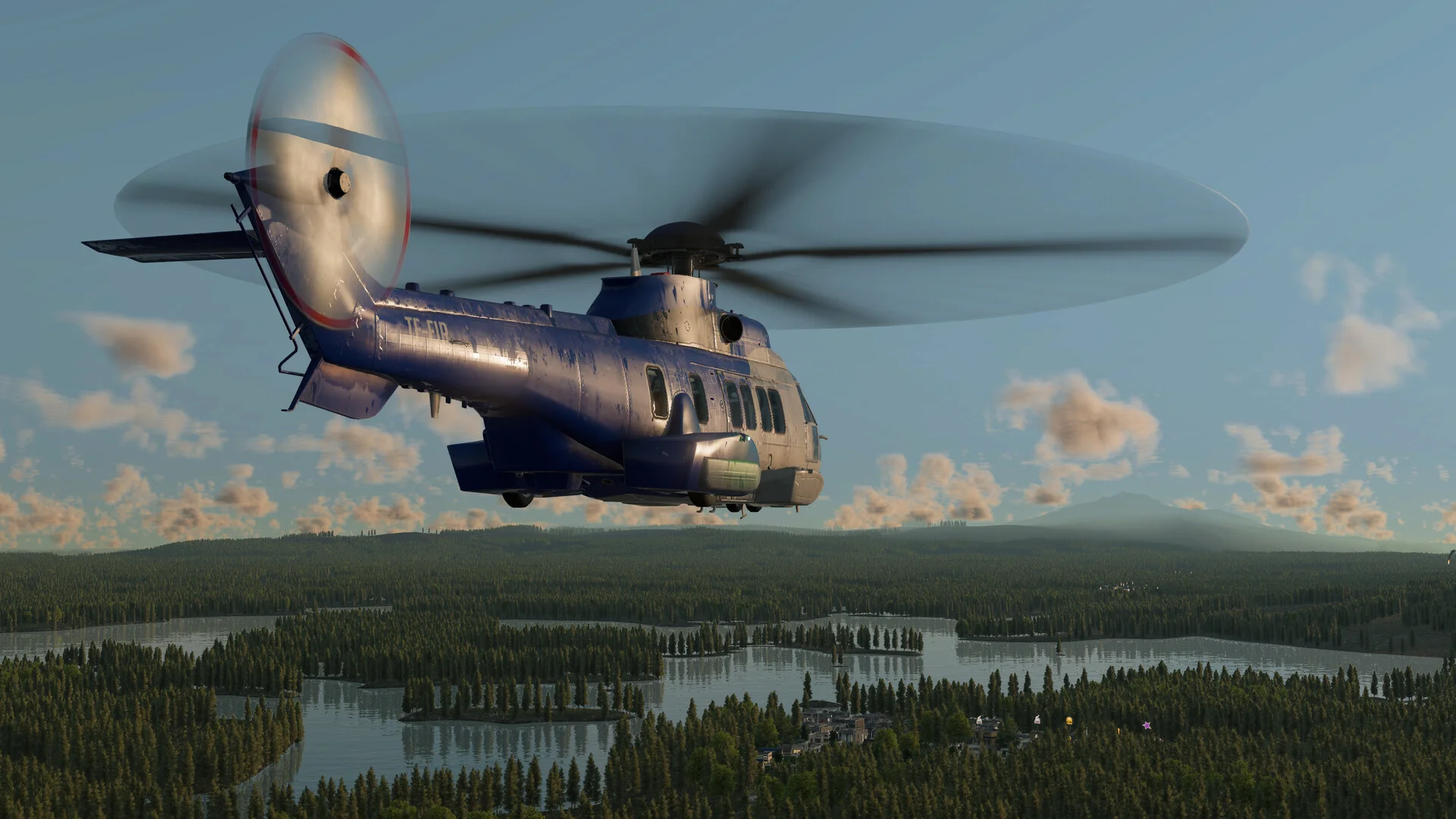 A helicopter flies above lakes and forest in Transport Fever 3.