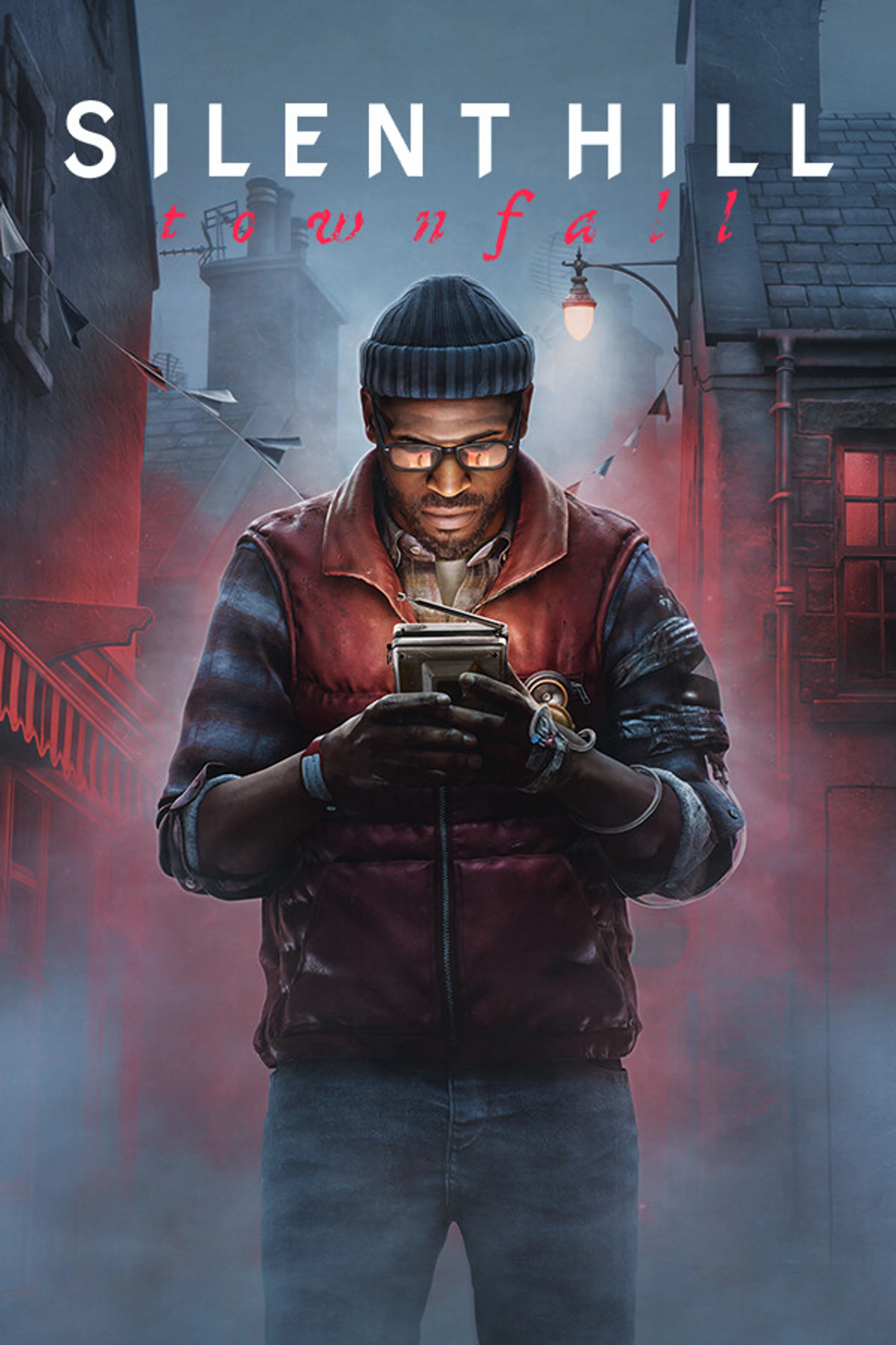 Official Silent Hill: Townfall portrait cover showing Simon holding the CRTV on a foggy street.