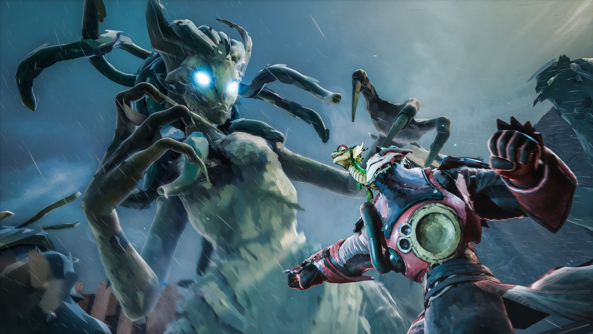 Victus and Elta face a large horned enemy in an icy setting.