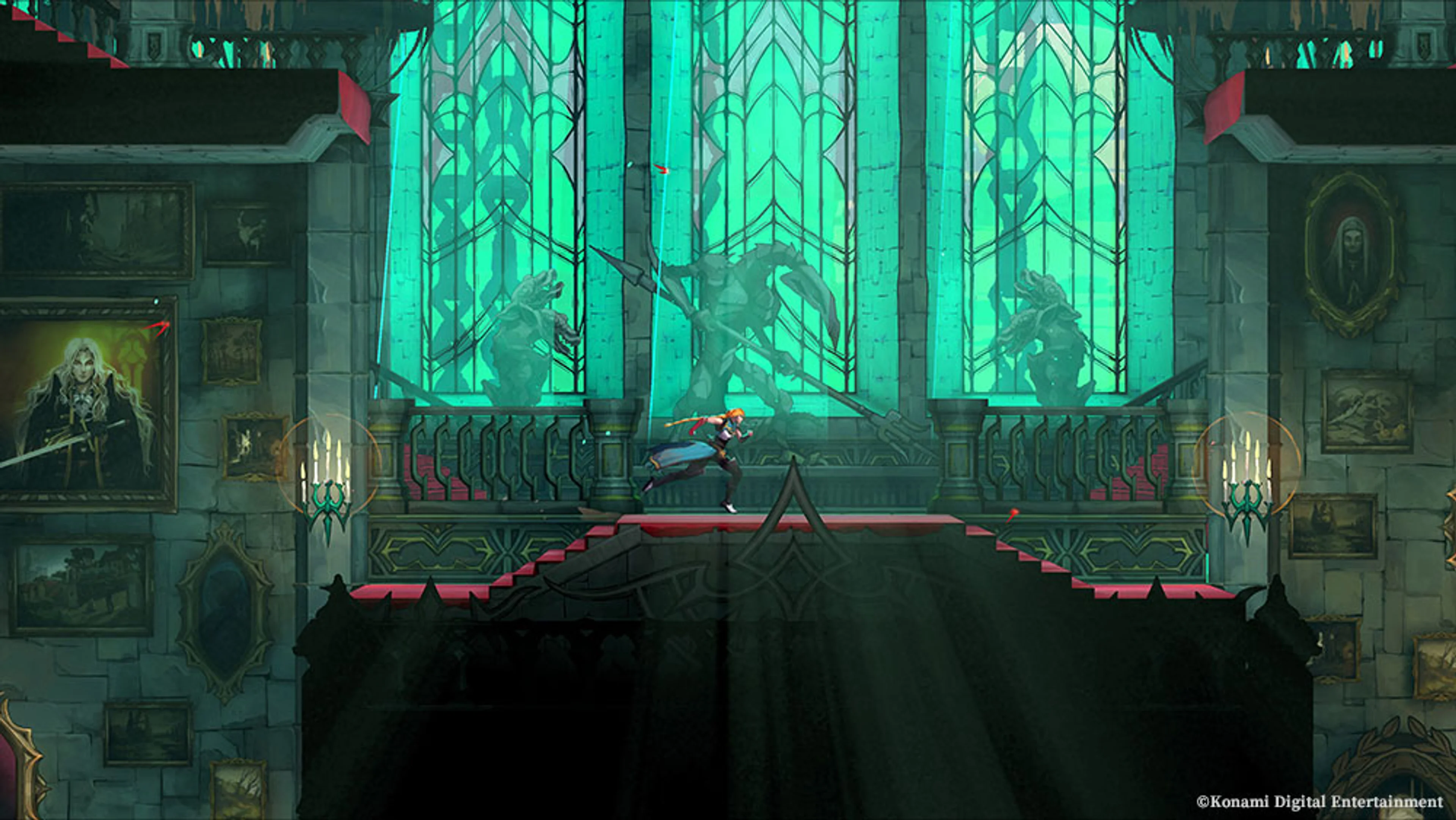 Rose Belmont runs through a green stained-glass gallery in Castlevania: Belmont’s Curse.
