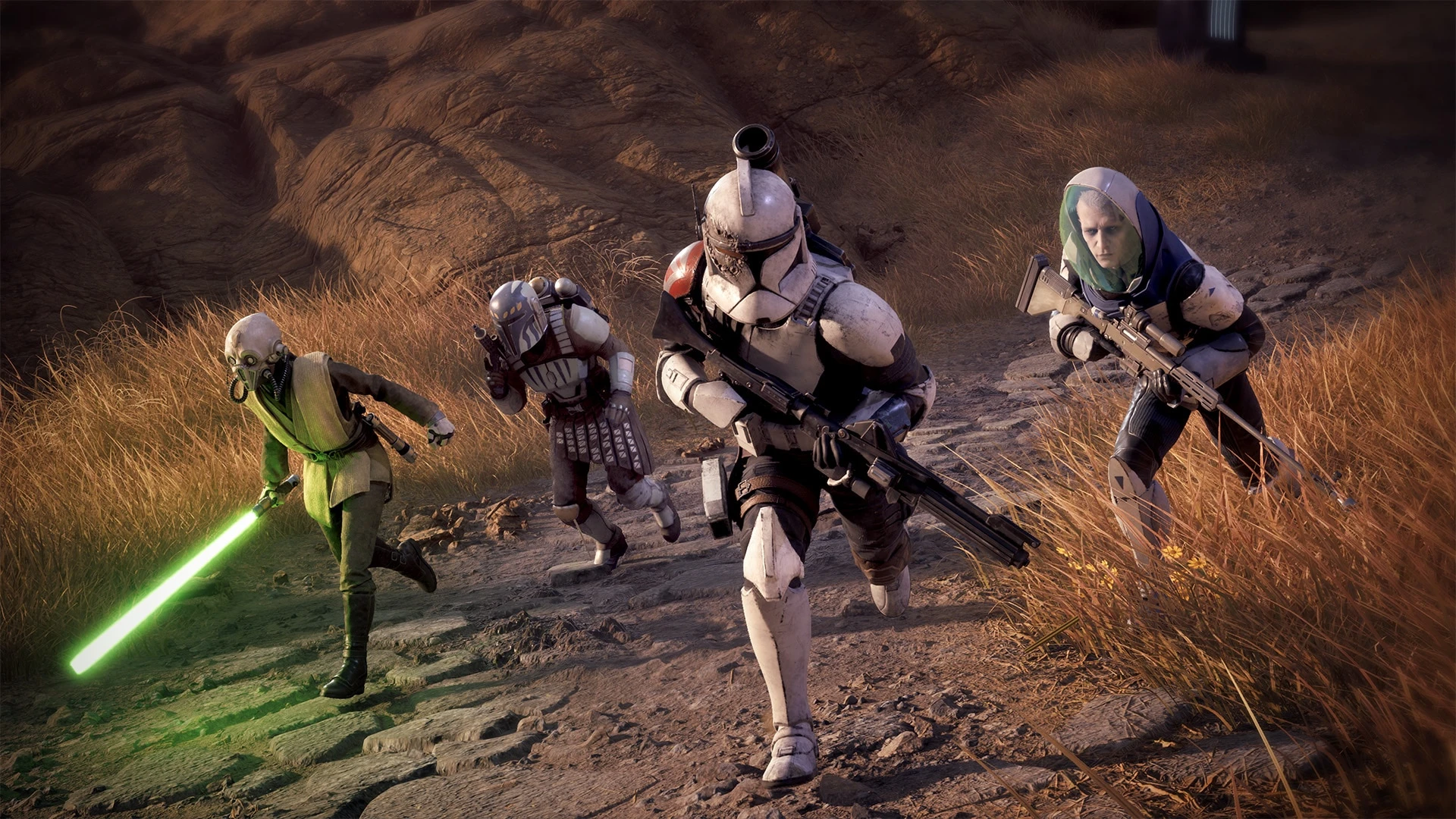 Four Star Wars Zero Company Operators move through a rocky battlefield.