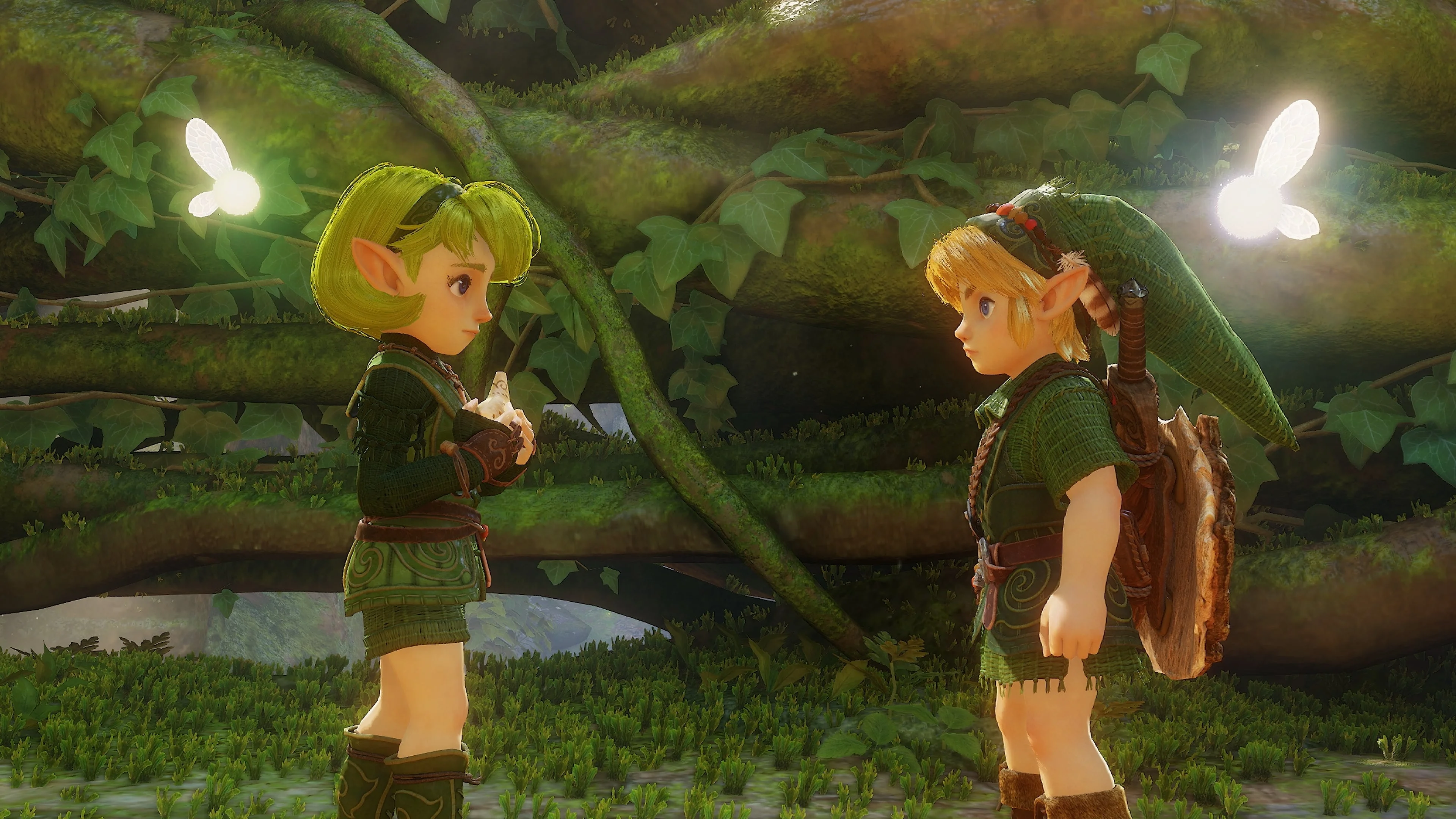 Young Link speaks with Saria in the forest in the rebuilt Ocarina of Time presentation.