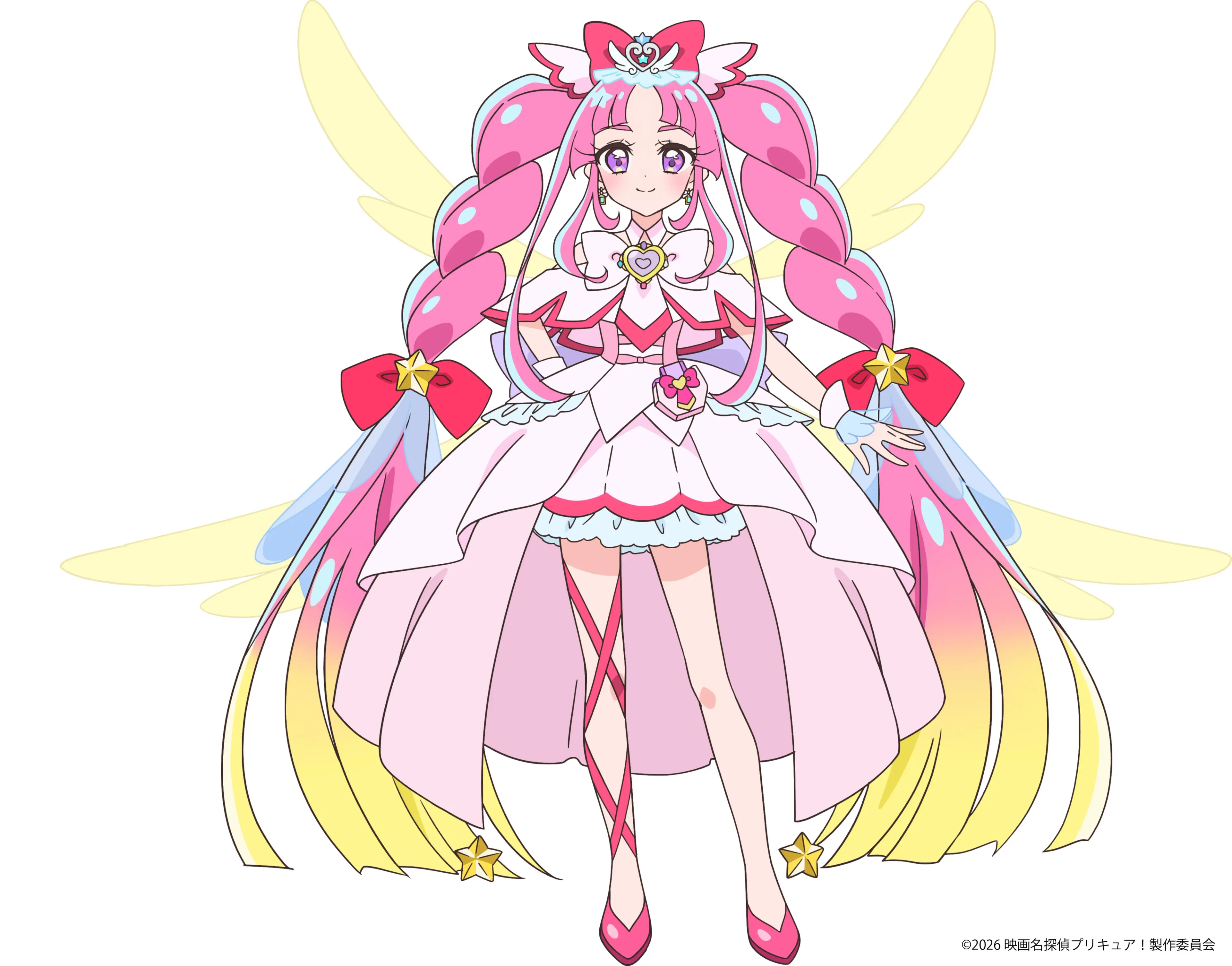 Cure Mystique wears a pink-and-white Future Form with red bows, long ribbons and golden wings.