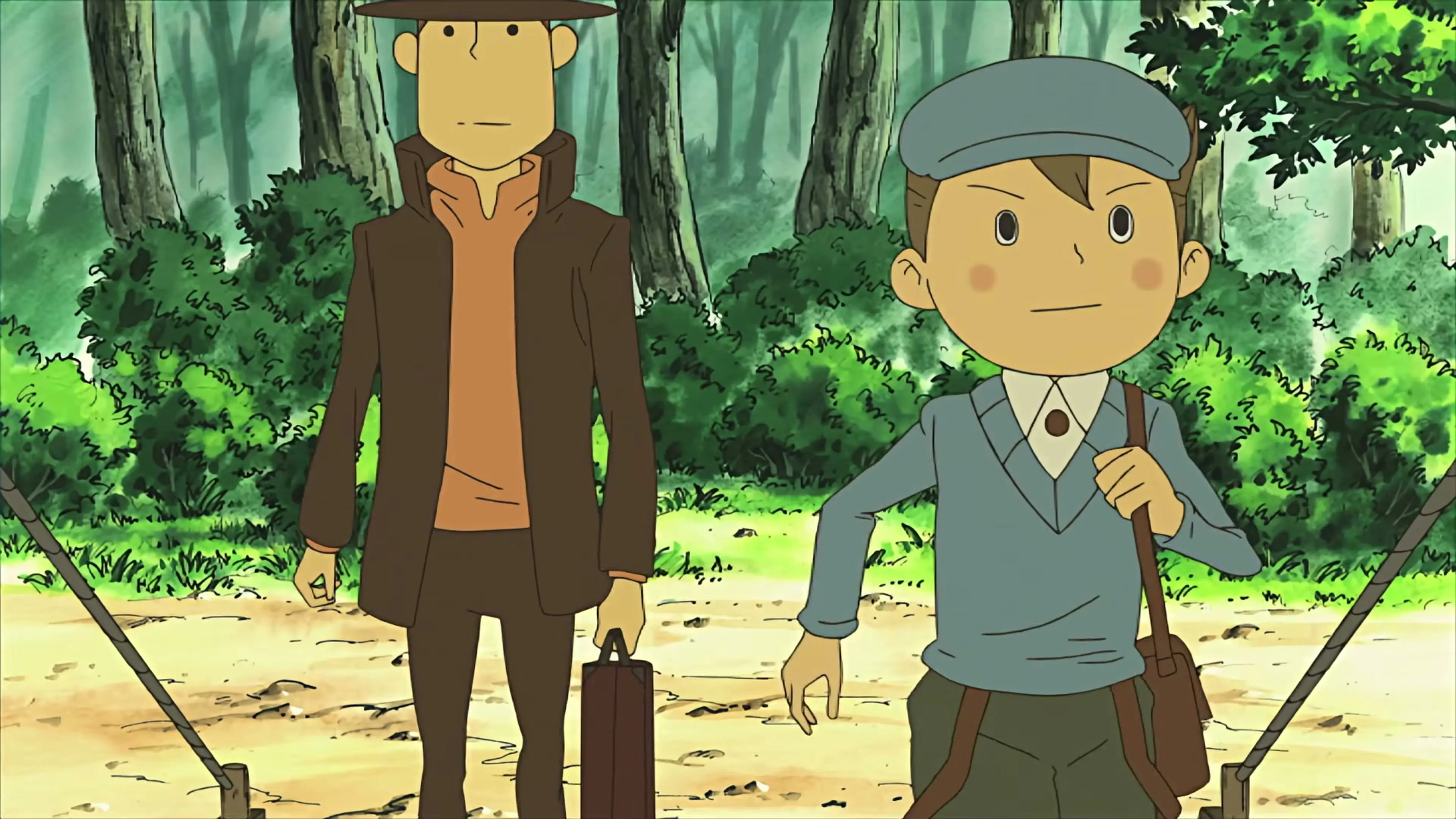 Professor Layton and Luke stand together on a path surrounded by green trees.