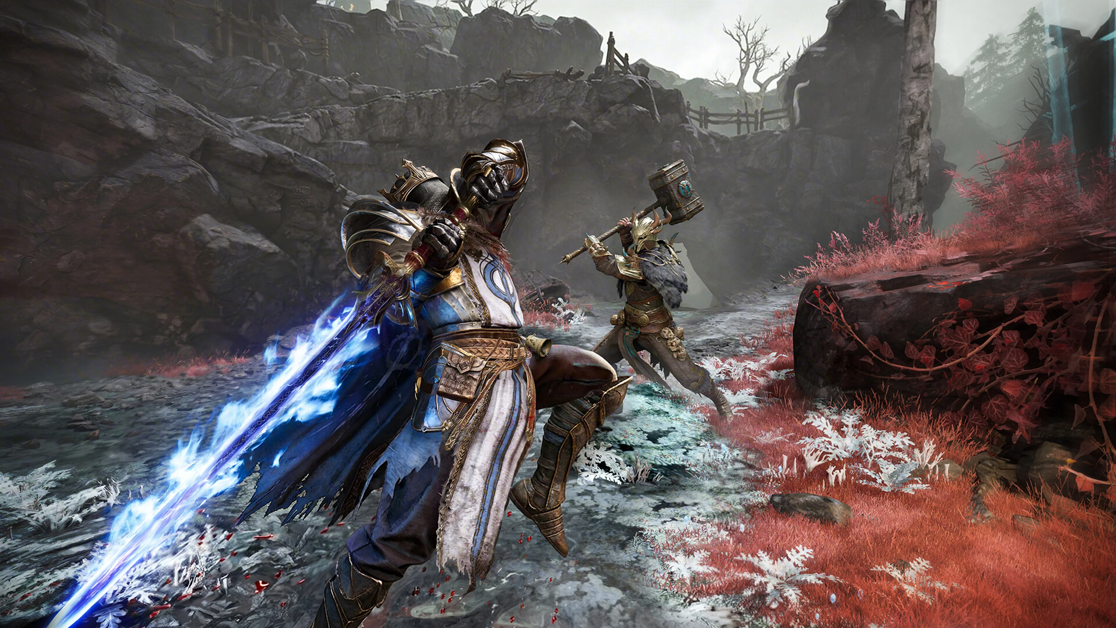 Two armored Gyldhunters fight in a rocky field, with one carrying a mace.