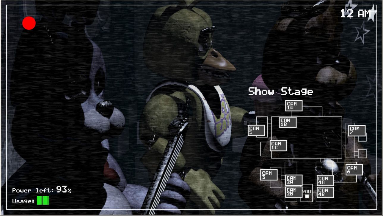 Enlarged original FNAF camera map: CAM 1A is the top box, CAM 1C lies to the left and CAM 2A is below center.