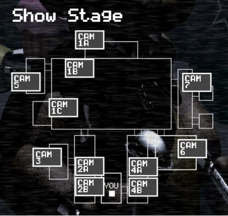 Enlarged original FNAF camera map: CAM 1A is the top box, CAM 1C lies to the left and CAM 2A is below center.