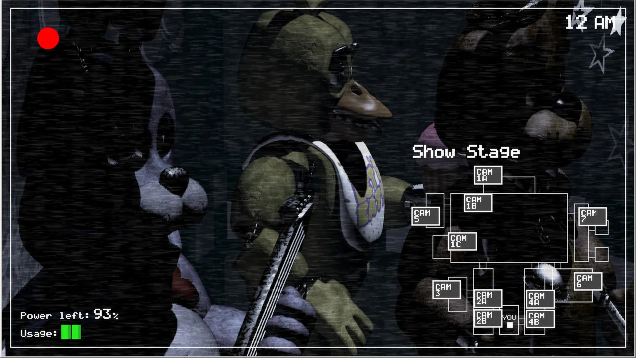 FNAF Show Stage with three animatronics; CAM 1A highlighted on the right map; 12 AM clock and power display visible.