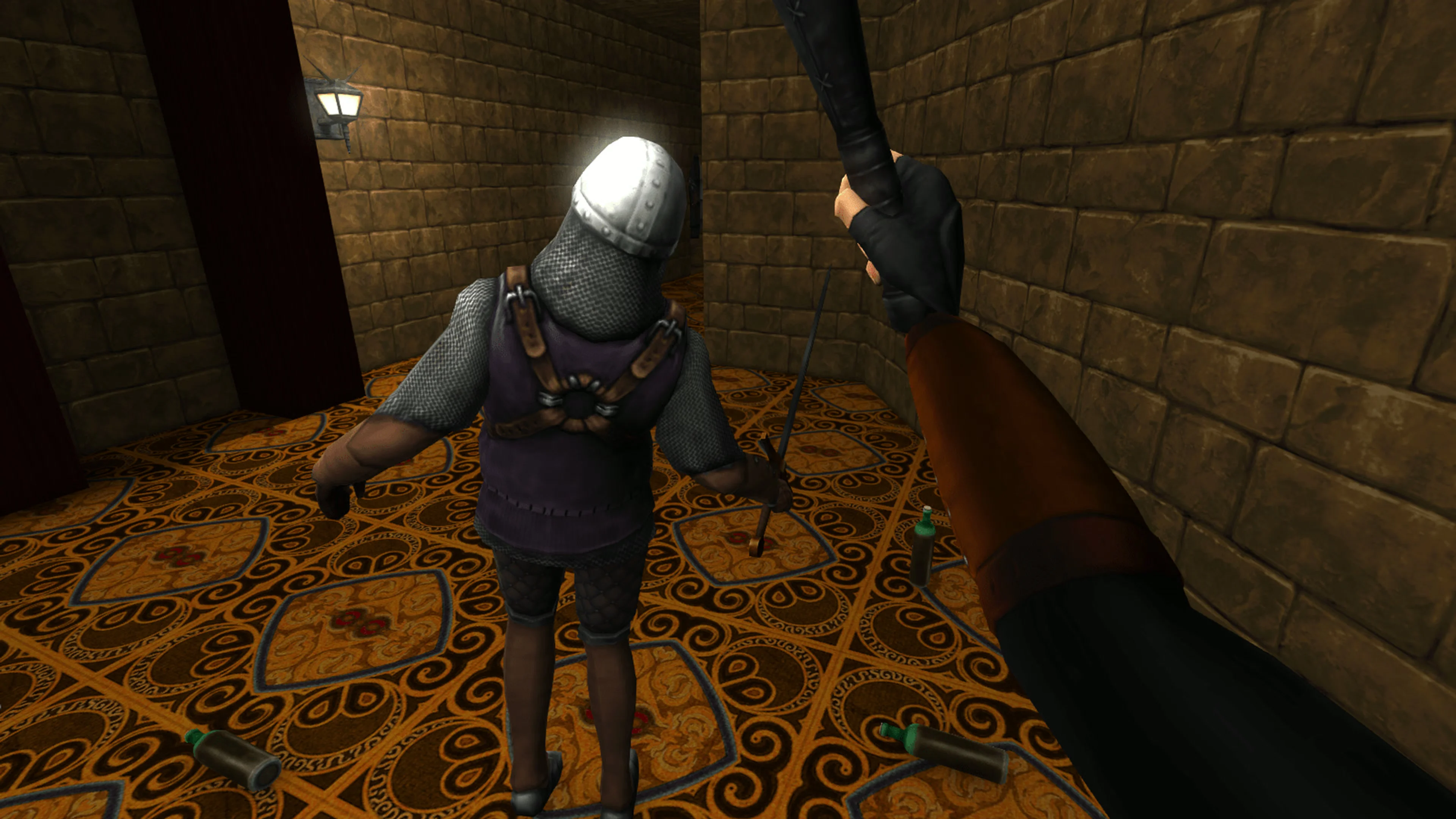 Garrett raises his blackjack behind an armored guard in Thief: The Dark Project Remastered.