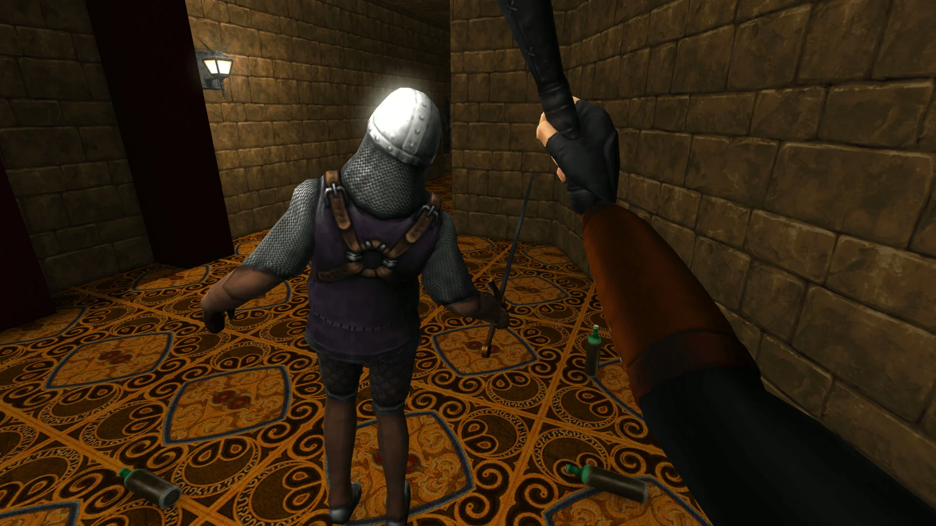 Garrett raises his blackjack behind an armored guard in Thief: The Dark Project Remastered.