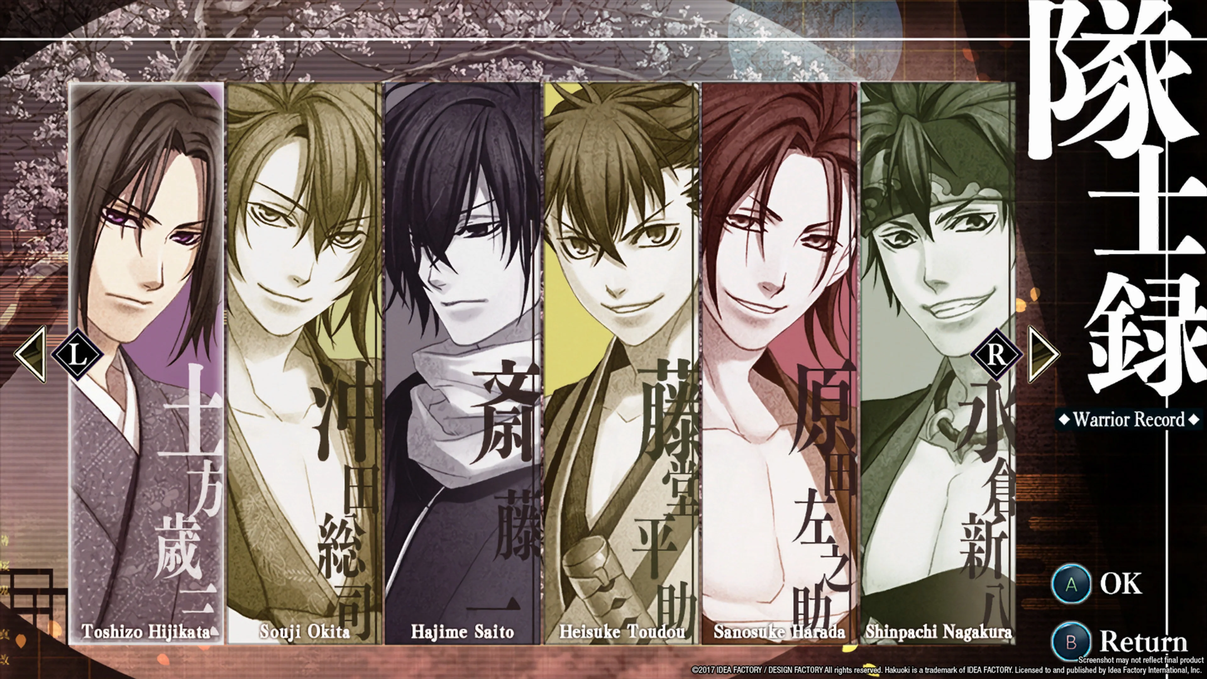 The Warrior Record menu shows six character portraits in Hakuoki: Kyoto Winds.