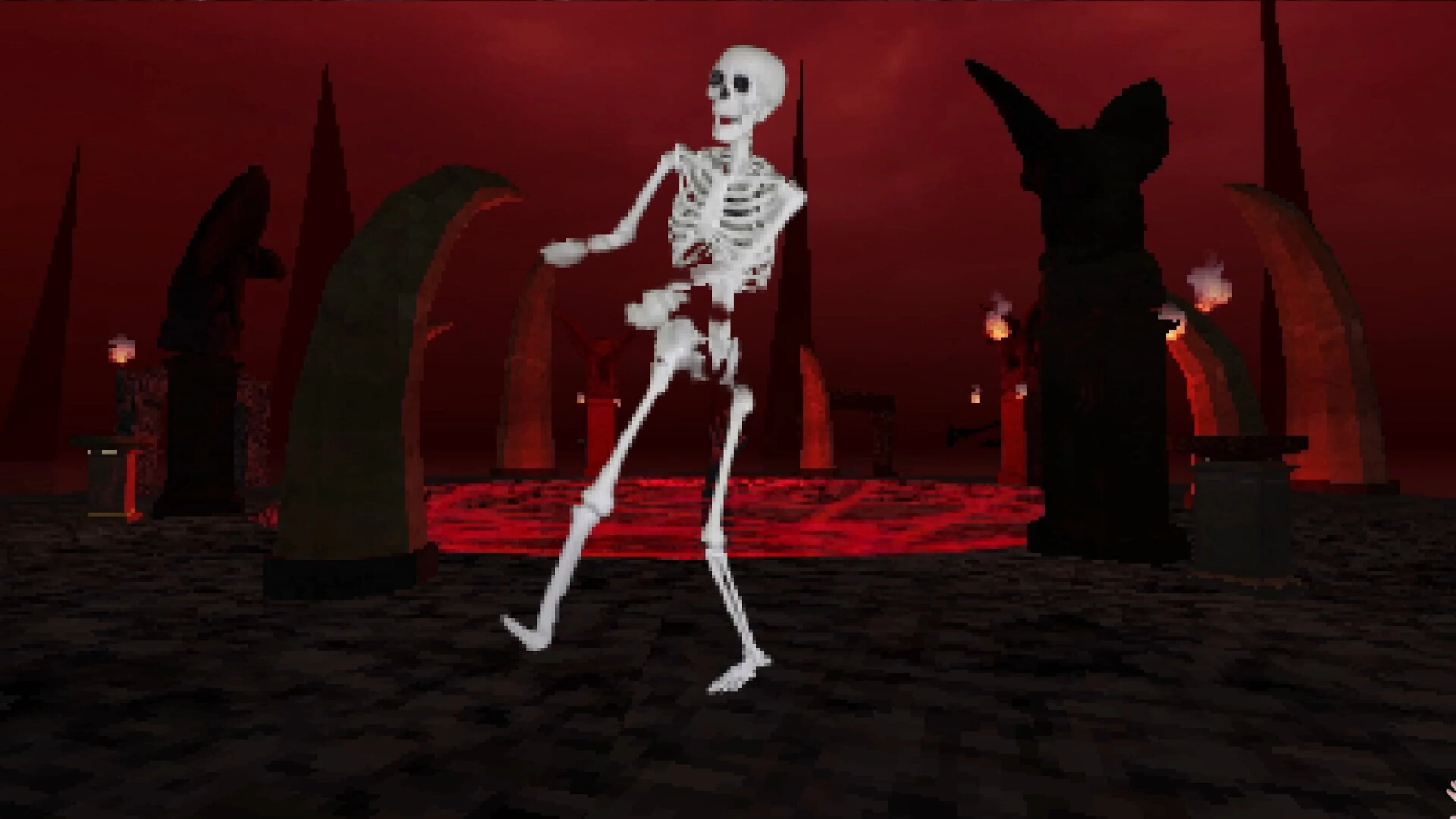 A skeleton stands before shadowy horned figures inside a red ritual chamber in Hand of Doom.