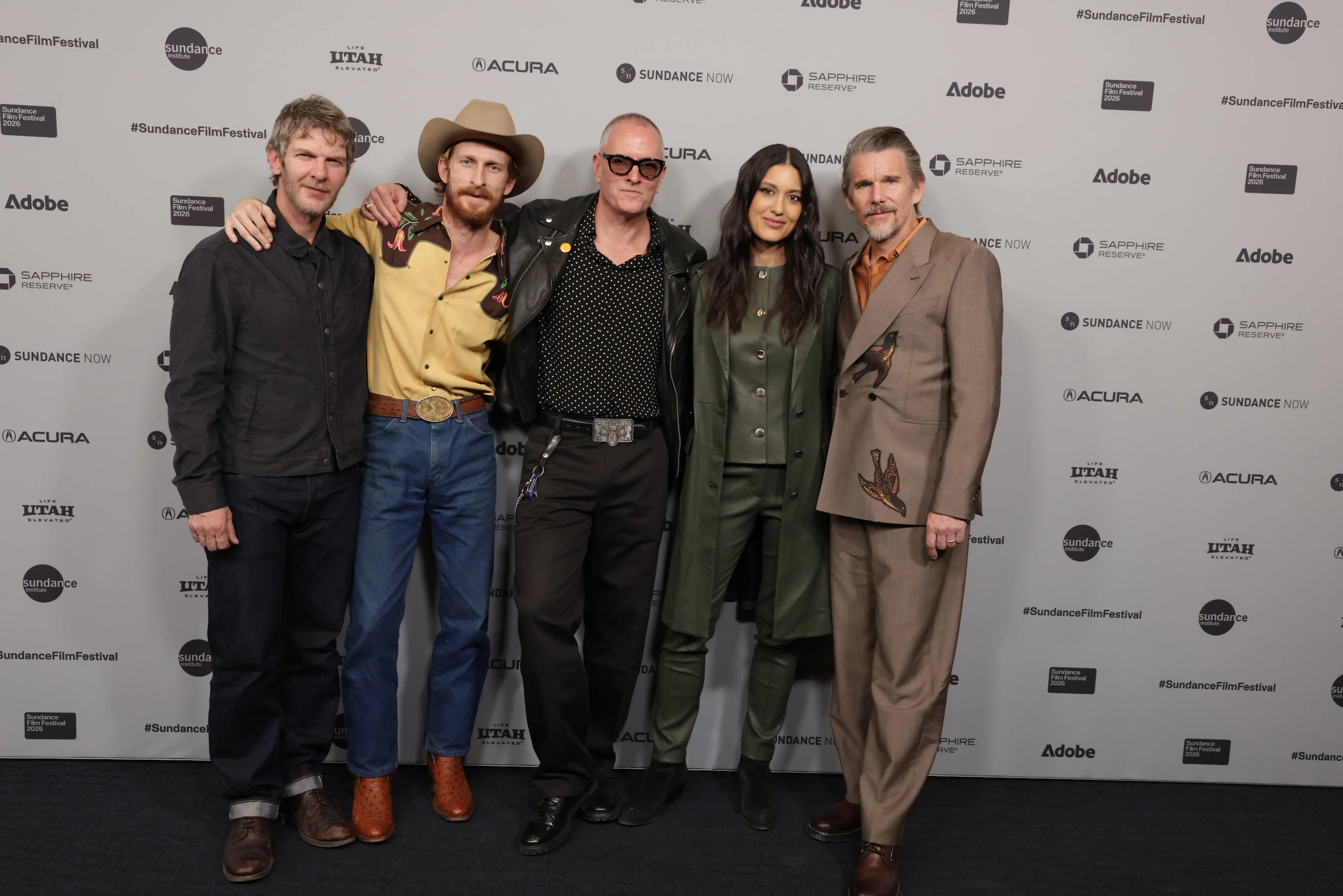 Ethan Hawke poses with The Weight cast and director at Sundance.