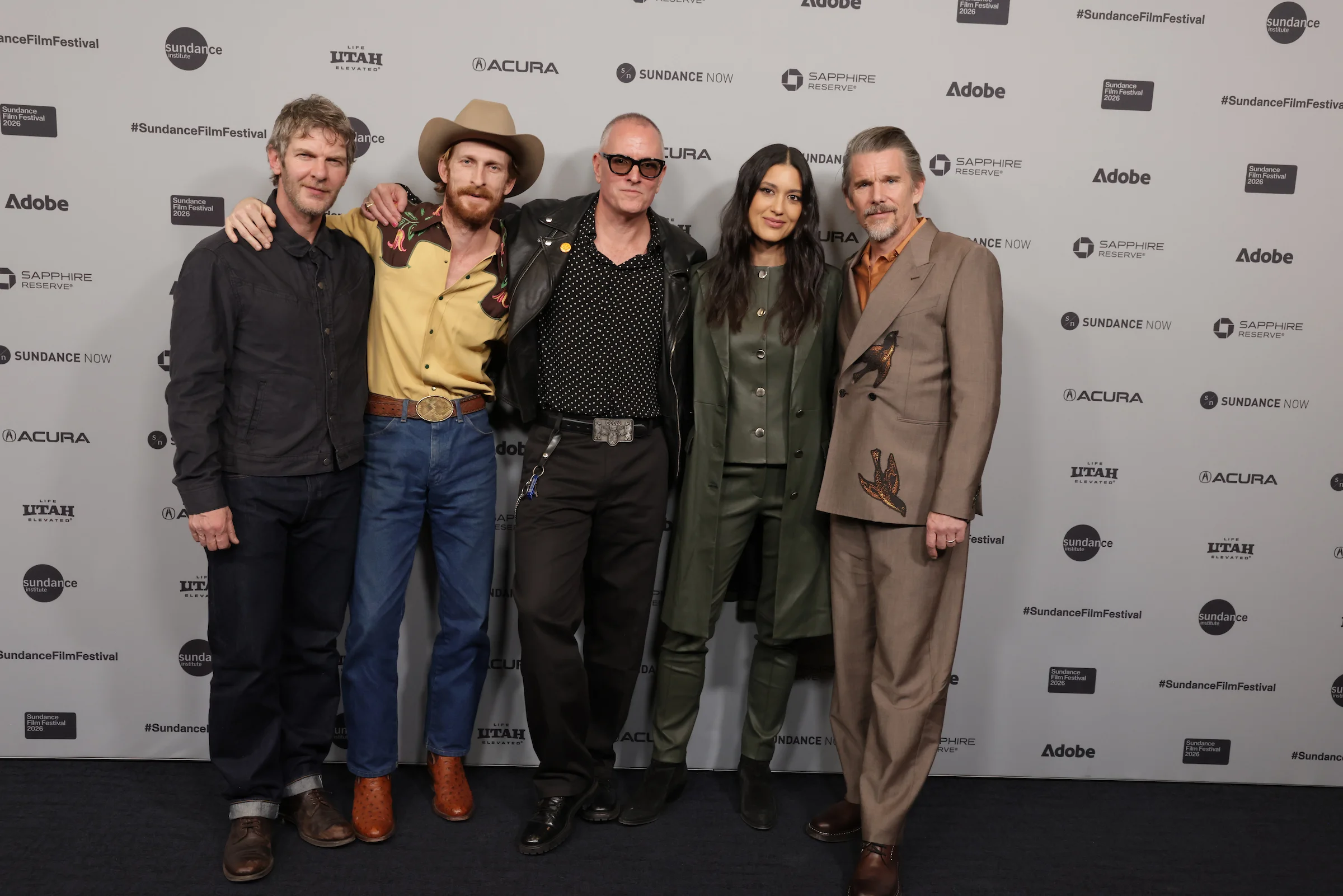Ethan Hawke poses with The Weight cast and director at Sundance.