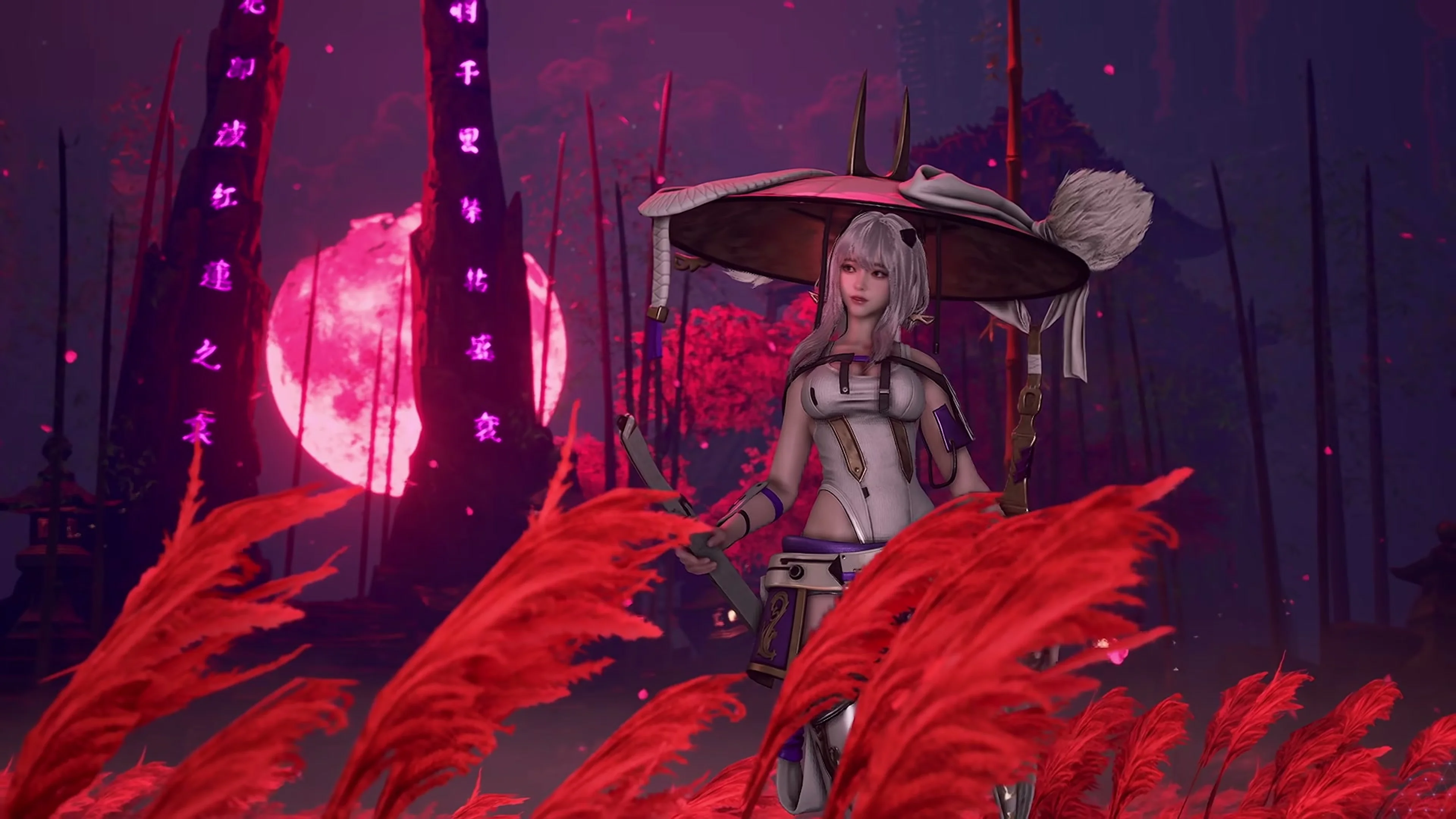 EVE stands among bright red feathers in a Bayonetta-inspired outfit.